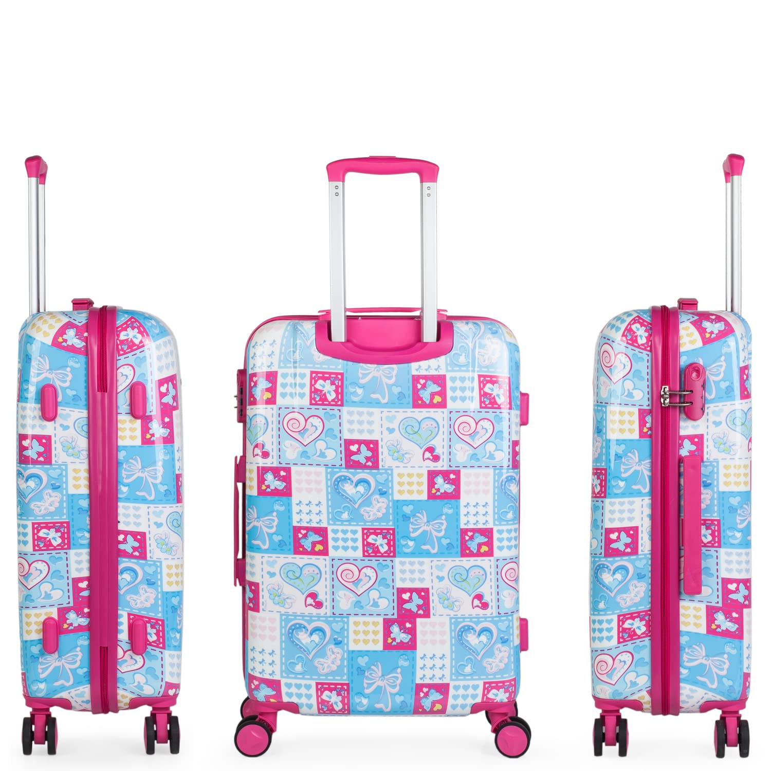 ITACA - Maleta Mediana rígida con 4 Ruedas giratorias, Cierre Seguro Candado de Combinación y diseño Resistente, Apta para 23 Kilos Viajes Largos y escapadas. con Neceser, Azul-Fucsia