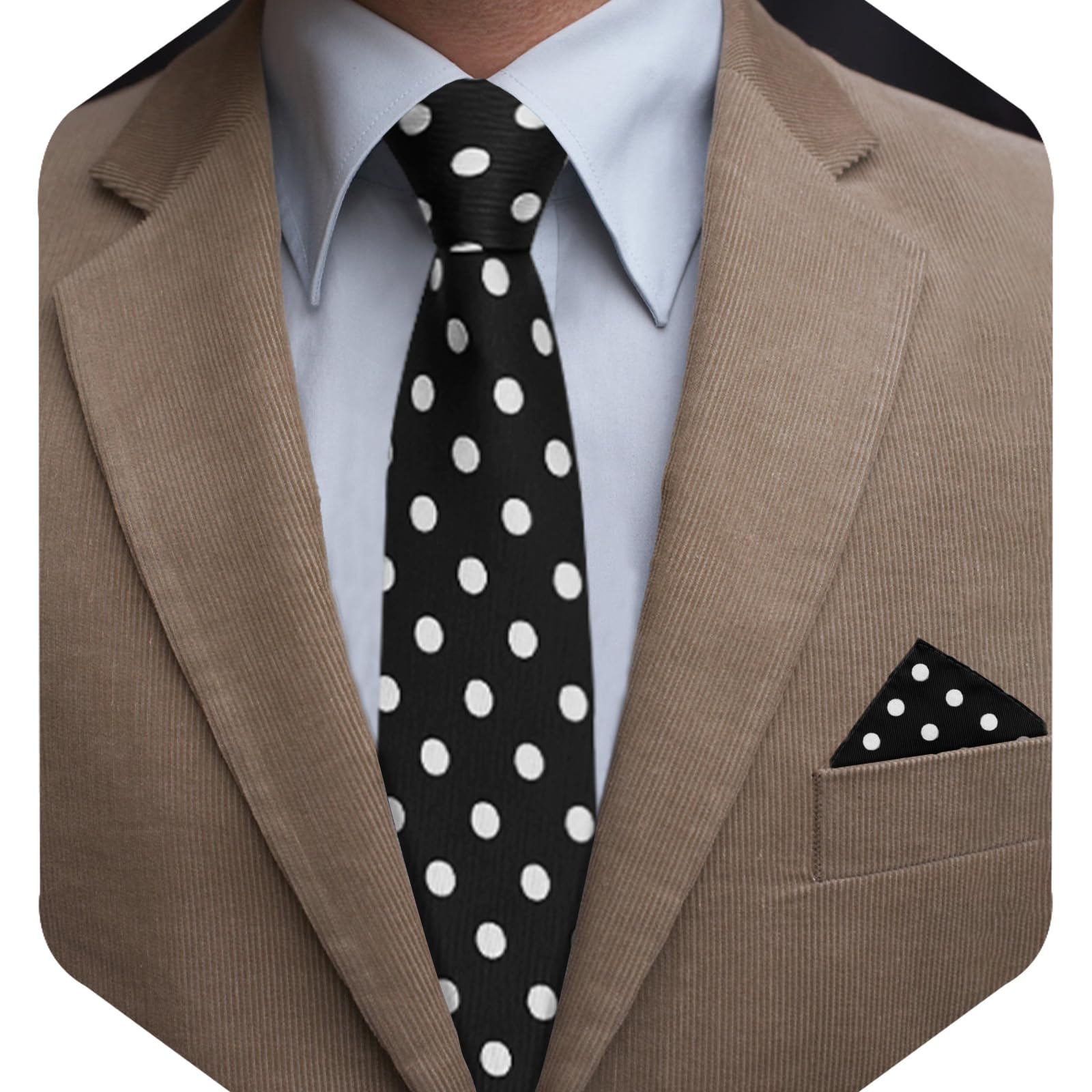 Corbatas para hombre, corbatas de lunares para hombre, corbatas y bolsillo cuadrado para boda, fiesta de negocios, negro blanco gran punto 3