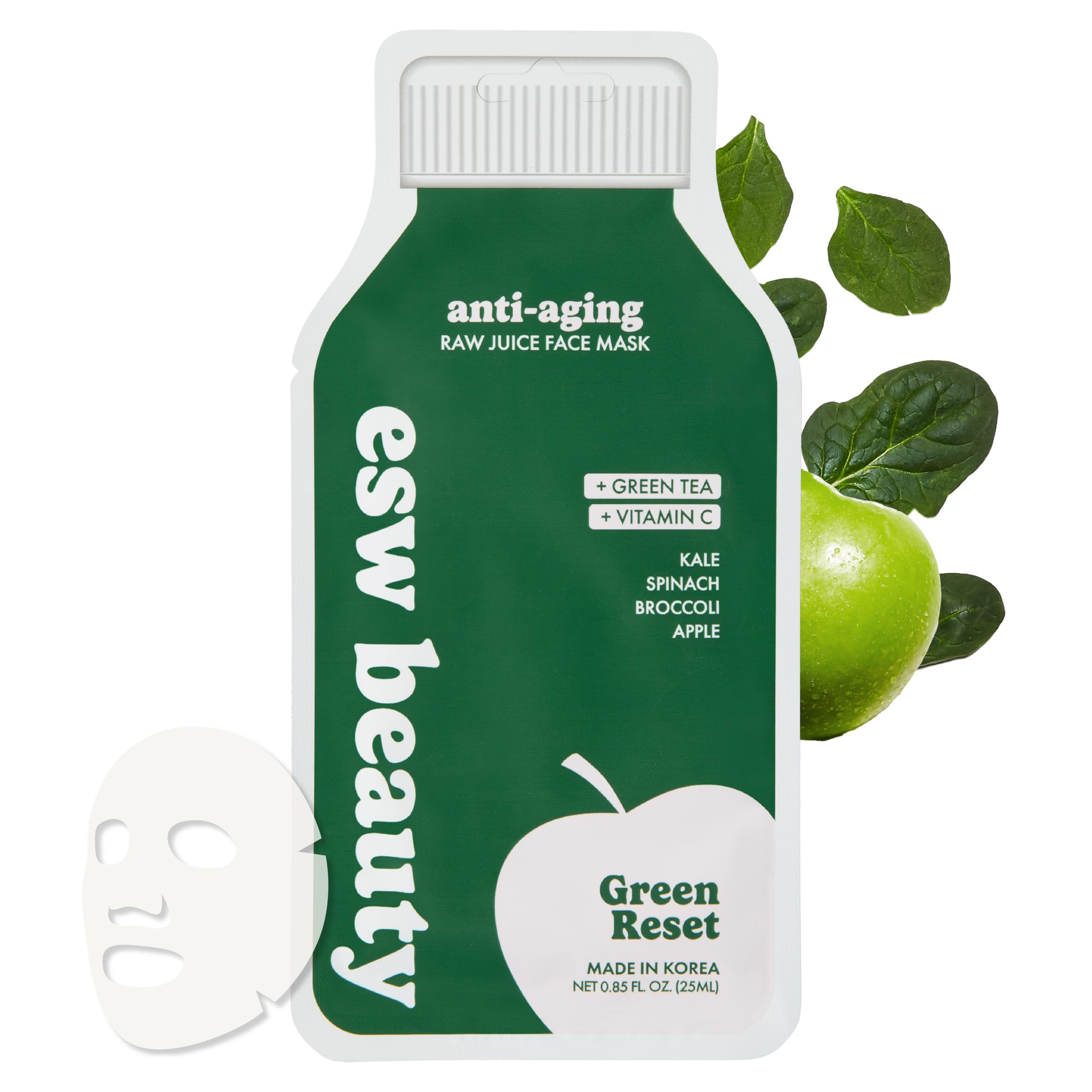 ESW Beauty Green Reset - Anti-Aging Raw Juice Face Mask - Revitalizing with Kale, Spinach, Broccoli & Apple for Mature Skin - Boosts Collagen & Reduces Wrinkles