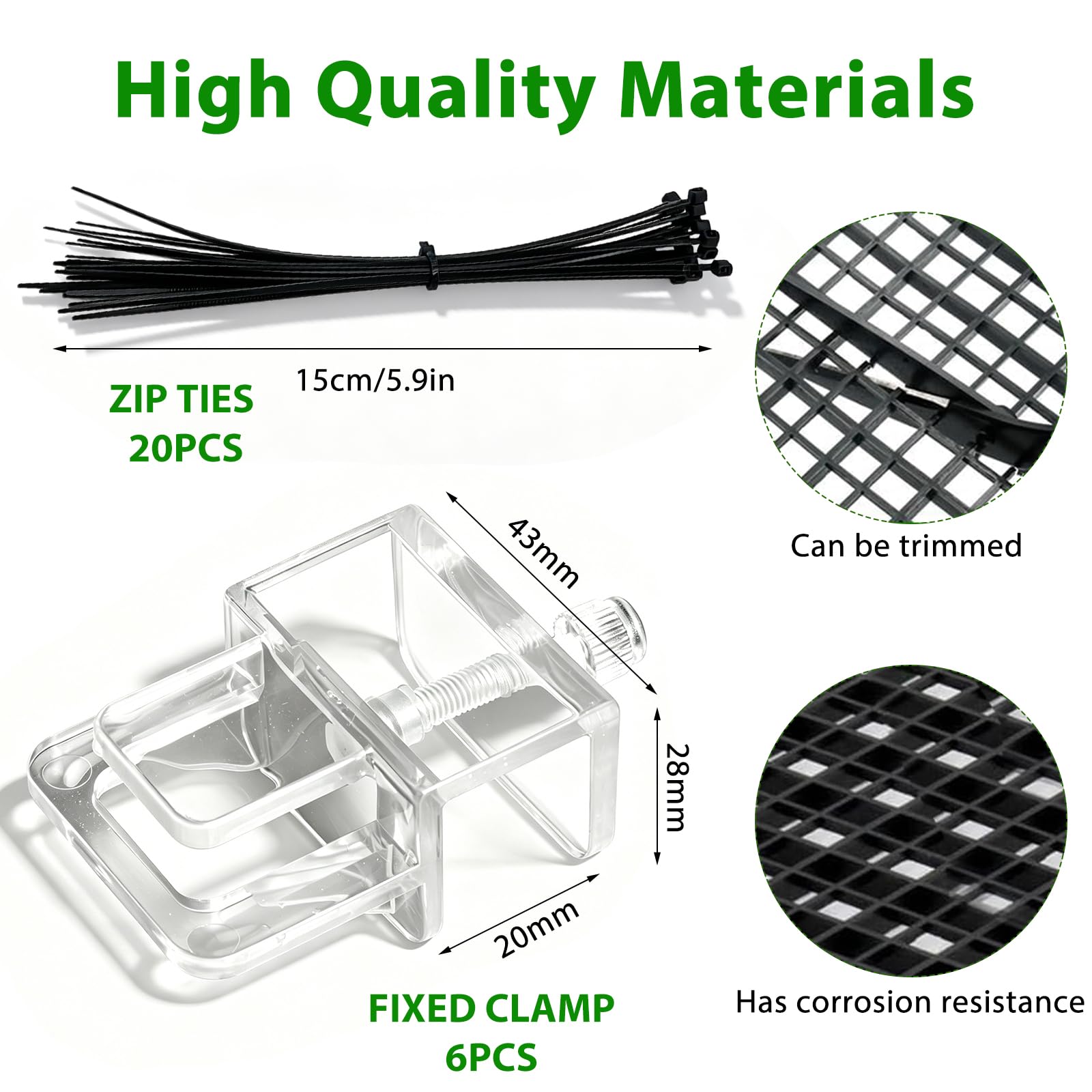 Lot de 8 protections pour aquarium - 30 x 30 cm - Avec 6 supports et 20 serre-câbles - Grille en plastique - Accessoire d'aquarium