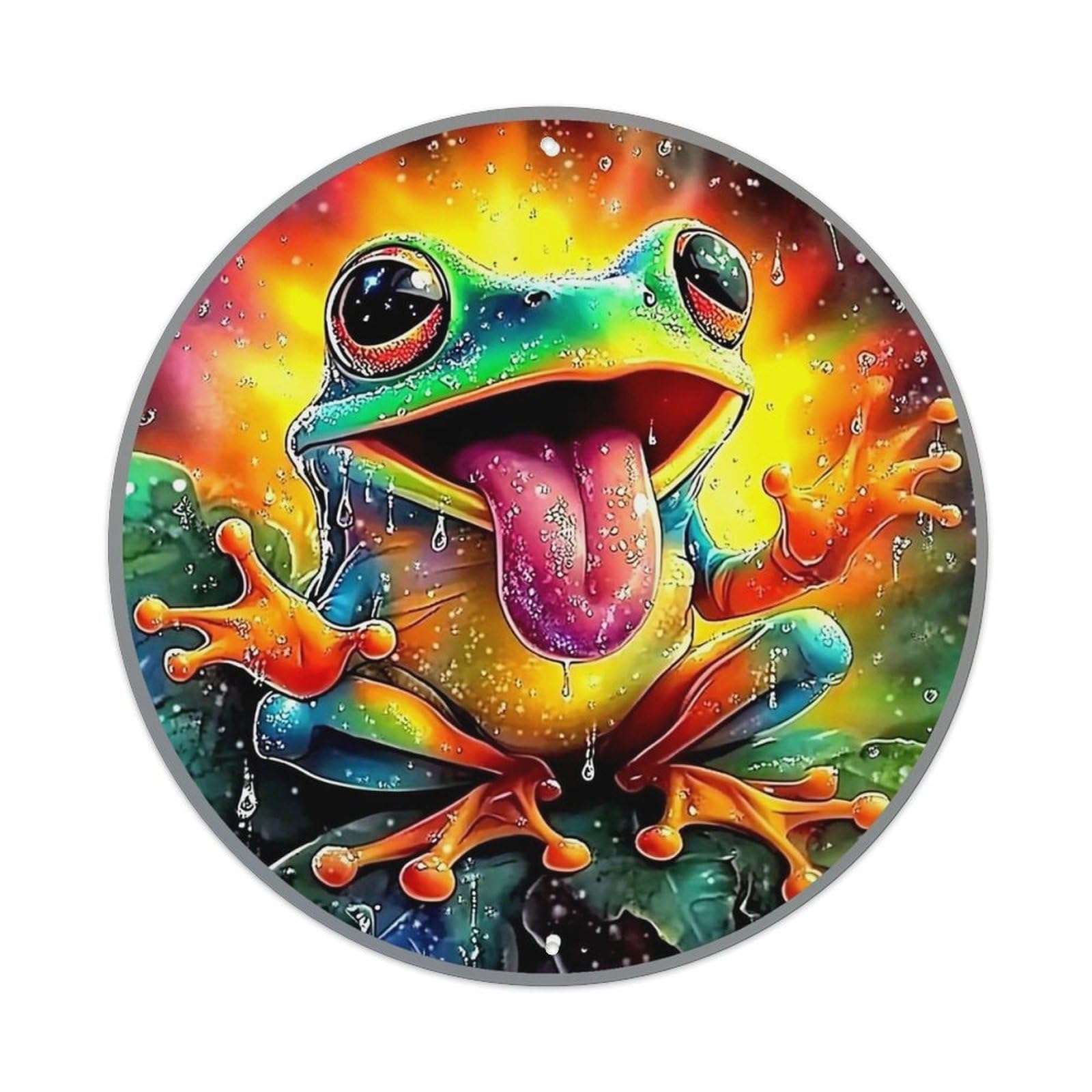 Colorful Frog With Tongue Out Vintage Metal Tin Sign Retro Wall Decor for Home Bar Garage Cafe, Indoor & Outdoor Decorative，circle Metal Poster, 8x8 Inch