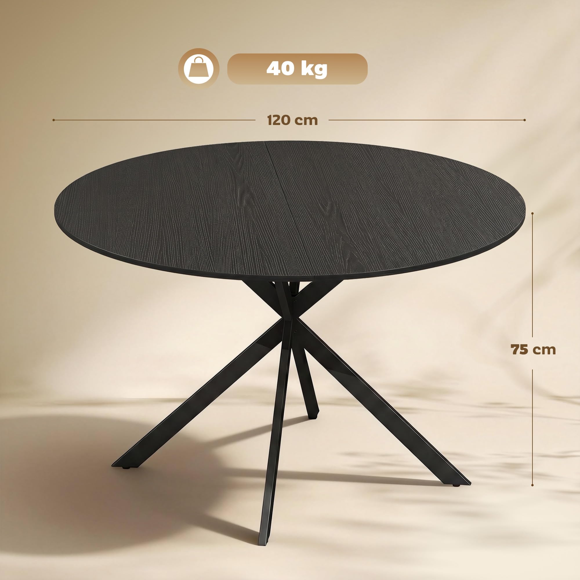 HOMCOM Tavolo da Pranzo Rotondo Ø120 cm, Piano Effetto Legno, Nero