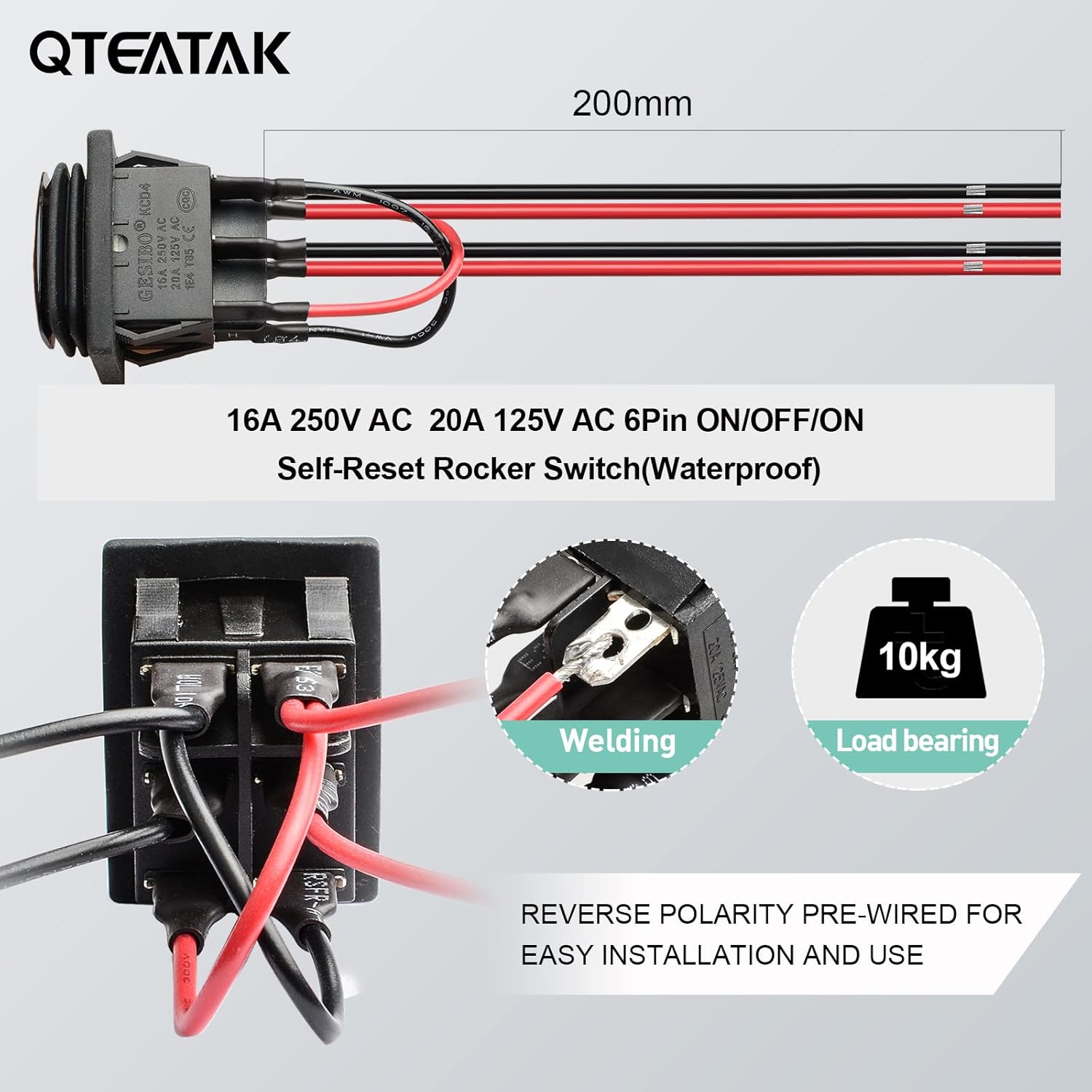 QTEATAK DC 12V 10A 6 Pin 3 Position (ON)-Off-(ON) AC 110V-220V Waterproof Momentary Polarity Reverse Switch Motor Control Black Boat Rocker Toggle Switch with Wire KCD4-223-QT