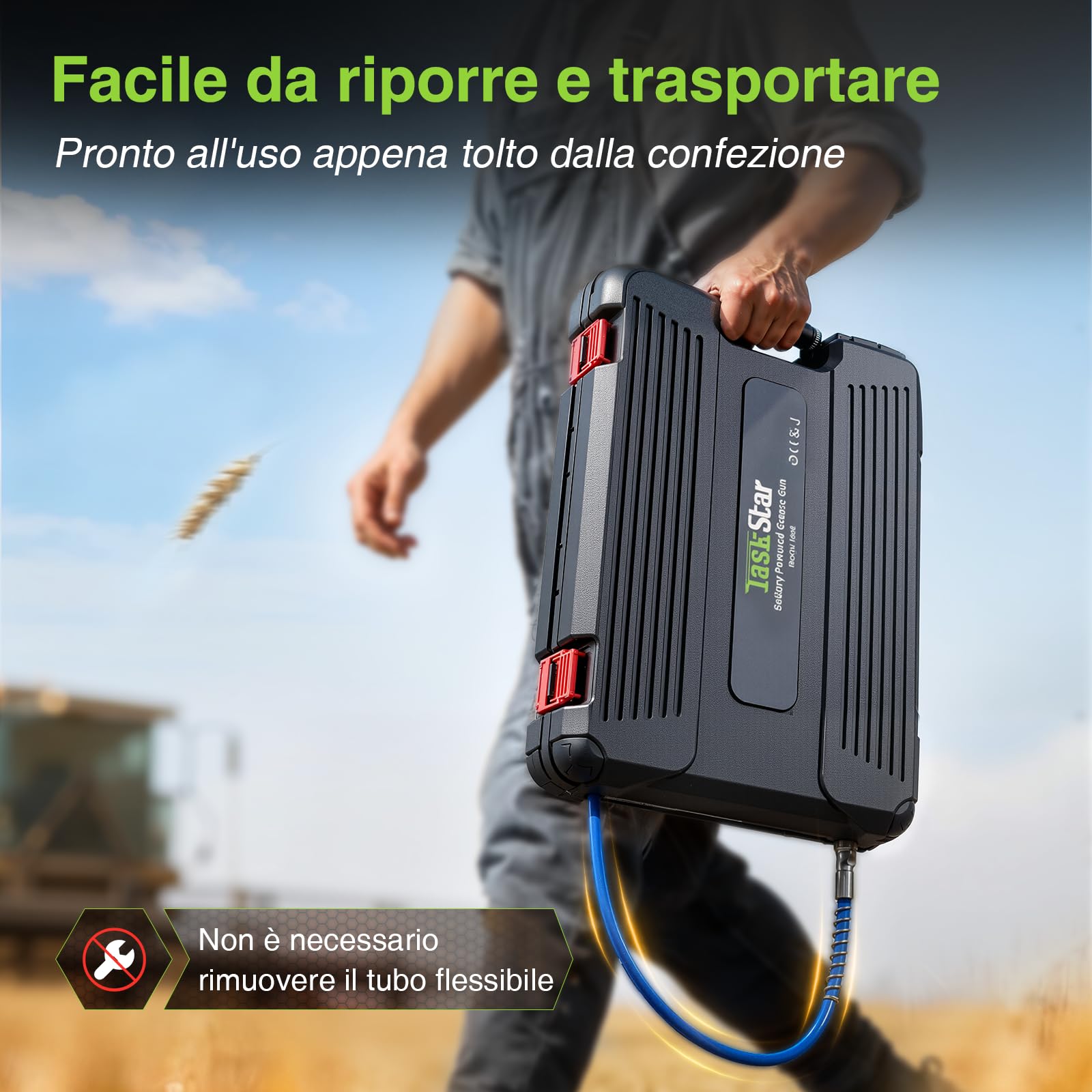 TaskStar Ingrassatore a Batteria ad alta Efficienza: Pistola per Grasso con Batterie da 2*2.0Ah, Testine a Sgancio Rapido, Pressione Massima di 10000 PSI, per Agricoltori e Proprietari di Attrezzature