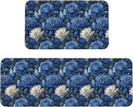 Blue White Roses Peonies and Lilies Kitchen Rugs Set of 2 Non-Slip Floor Mat Runner Rug Doormat Area Carpet Laundry Room Kitchen Decor