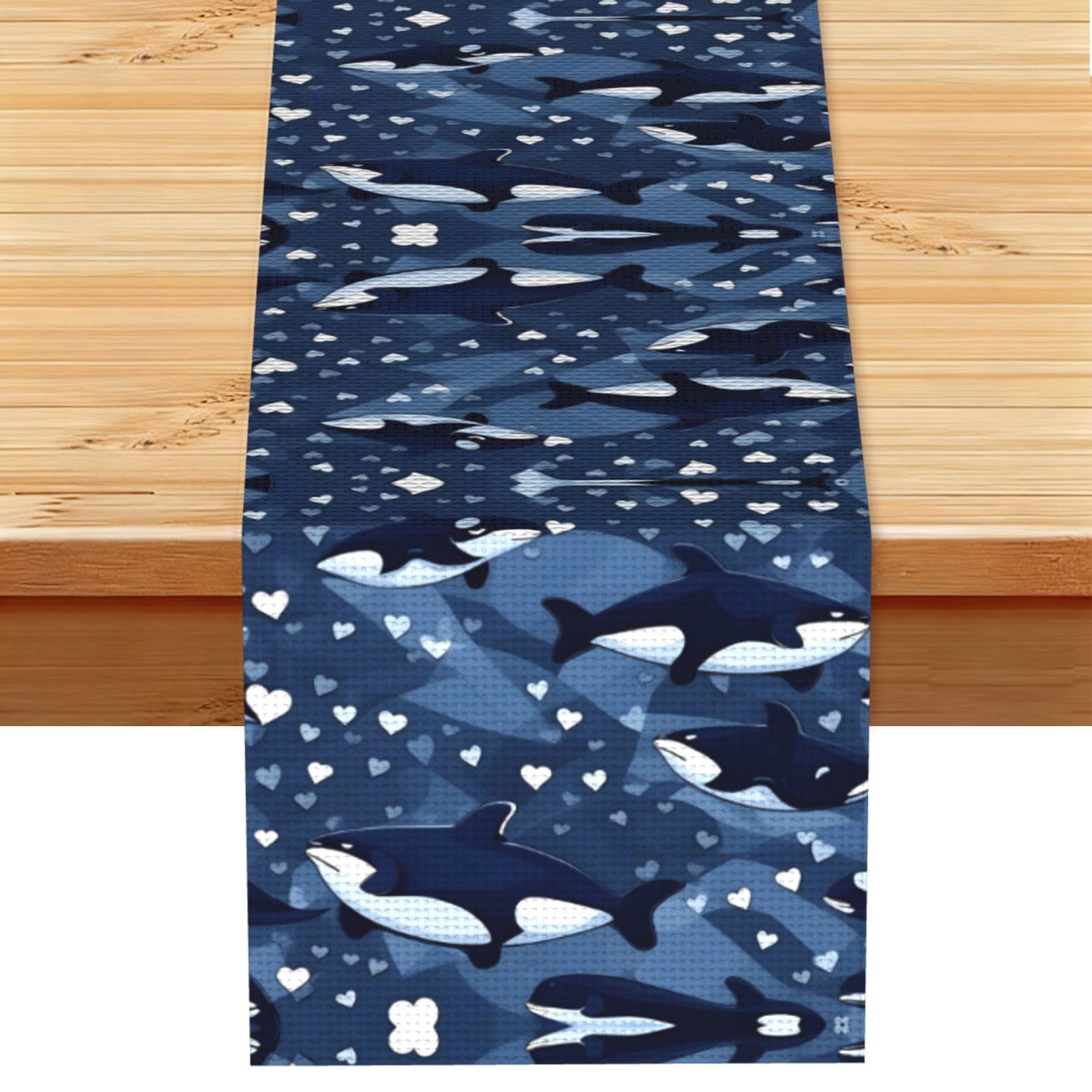 Blue Killer Whale Linen Look Table Runner 13x72-Wrinkle Resistant Farmhouse Style for Dining Table Decor
