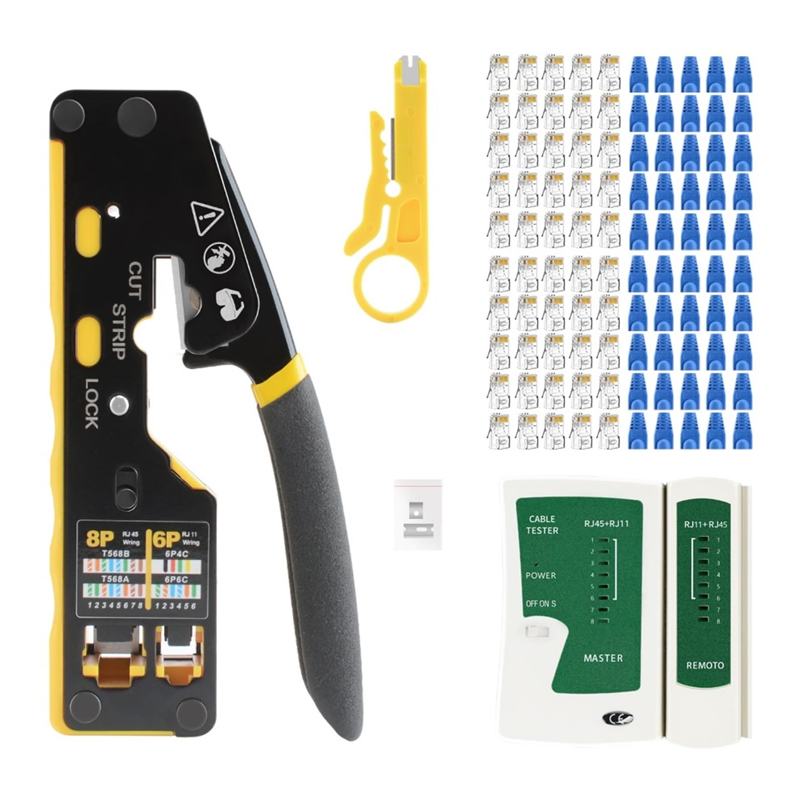Cat6 RJ45 RJ12 Kit di strumenti di crimpatura 8P6P Pass Through Crimper Tester for cavi di rete Spellafili Cat6 50 pezzi Connettori e stivali | Cat6 RJ45 RJ12 Crimping Tool Kit 8P6P Pass Through Crimper Network Cable Tester Wire Stripper Cat6 5