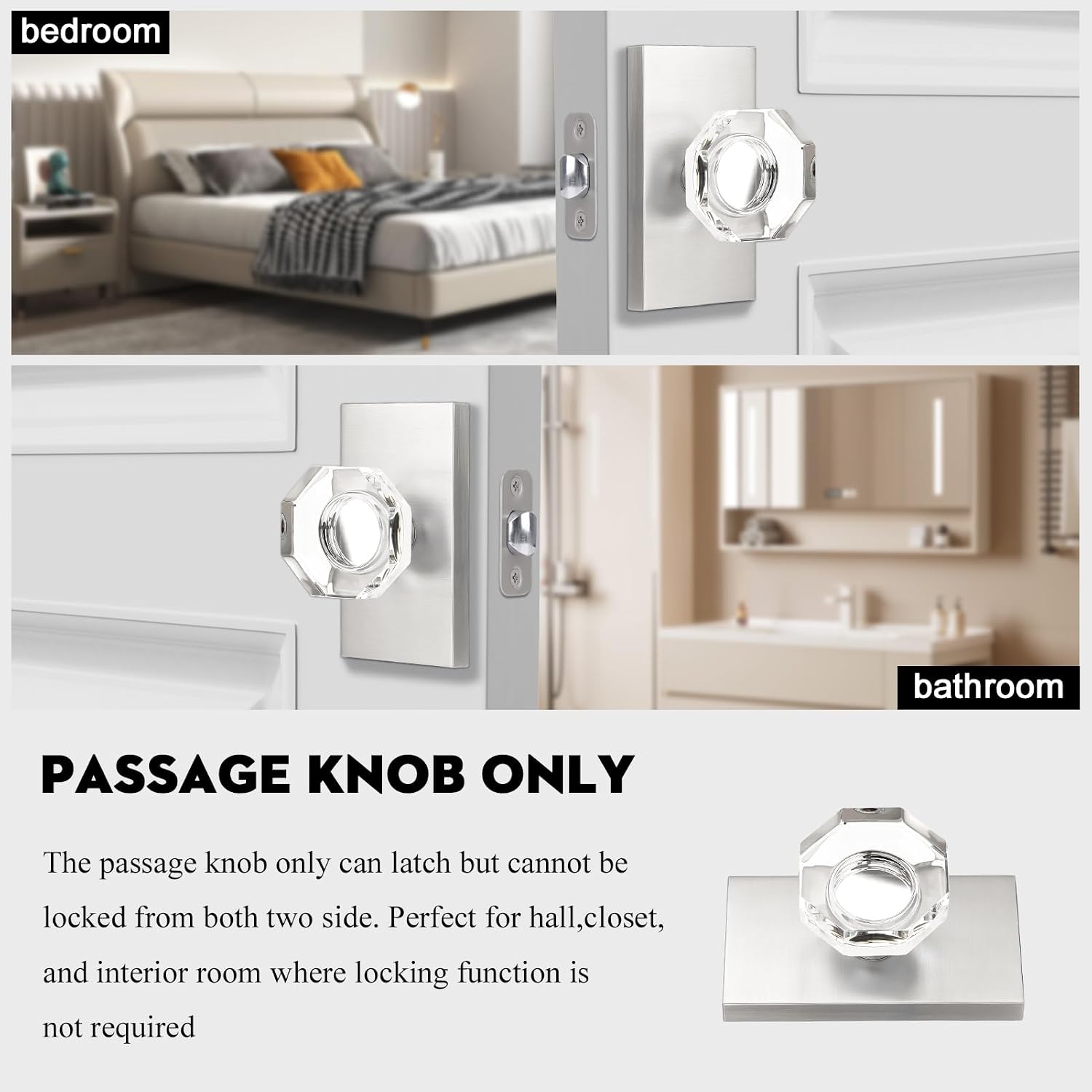 Glass Crystal Door Knobs Interior, Octagon Modern Classic Brushed Nickel Passage Door Knobs for Hall Closet