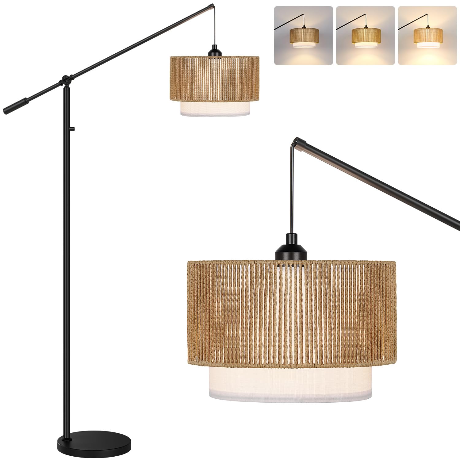 Photo 1 of ?Upgraded?Dimmable Boho Floor Lamp for Living Room, Modern Swing Arm Floor Lamp with Rattan & Fabric Shades, Black Rattan Standing Lamp with 11W Bulb, Farmhouse Adjustable Tall Lamp for Bedroom Office