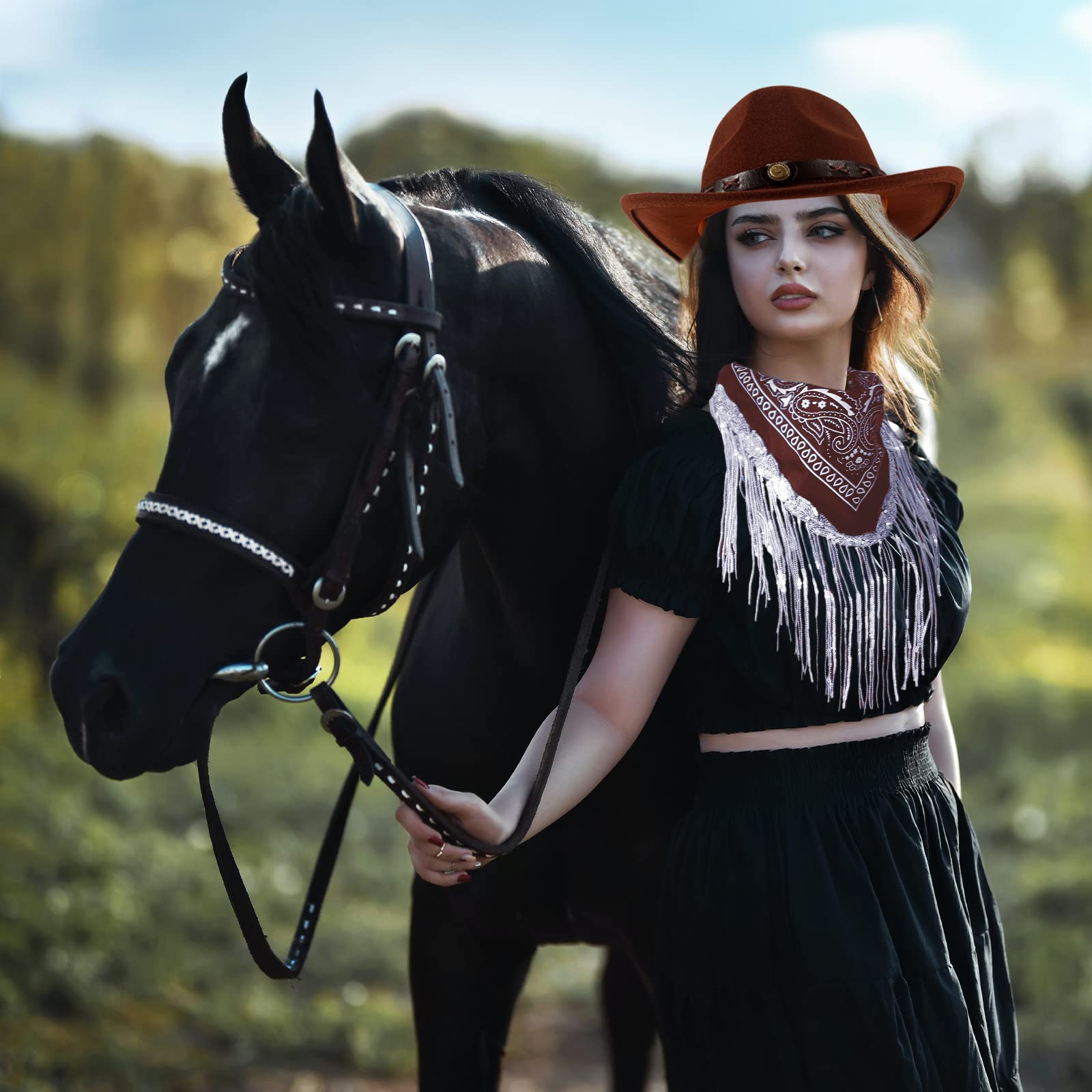 Chapeau de cowboy avec bandana à franges pour femme - Chapeau de cowgirl occidental à large bord - Écharpe cachemire