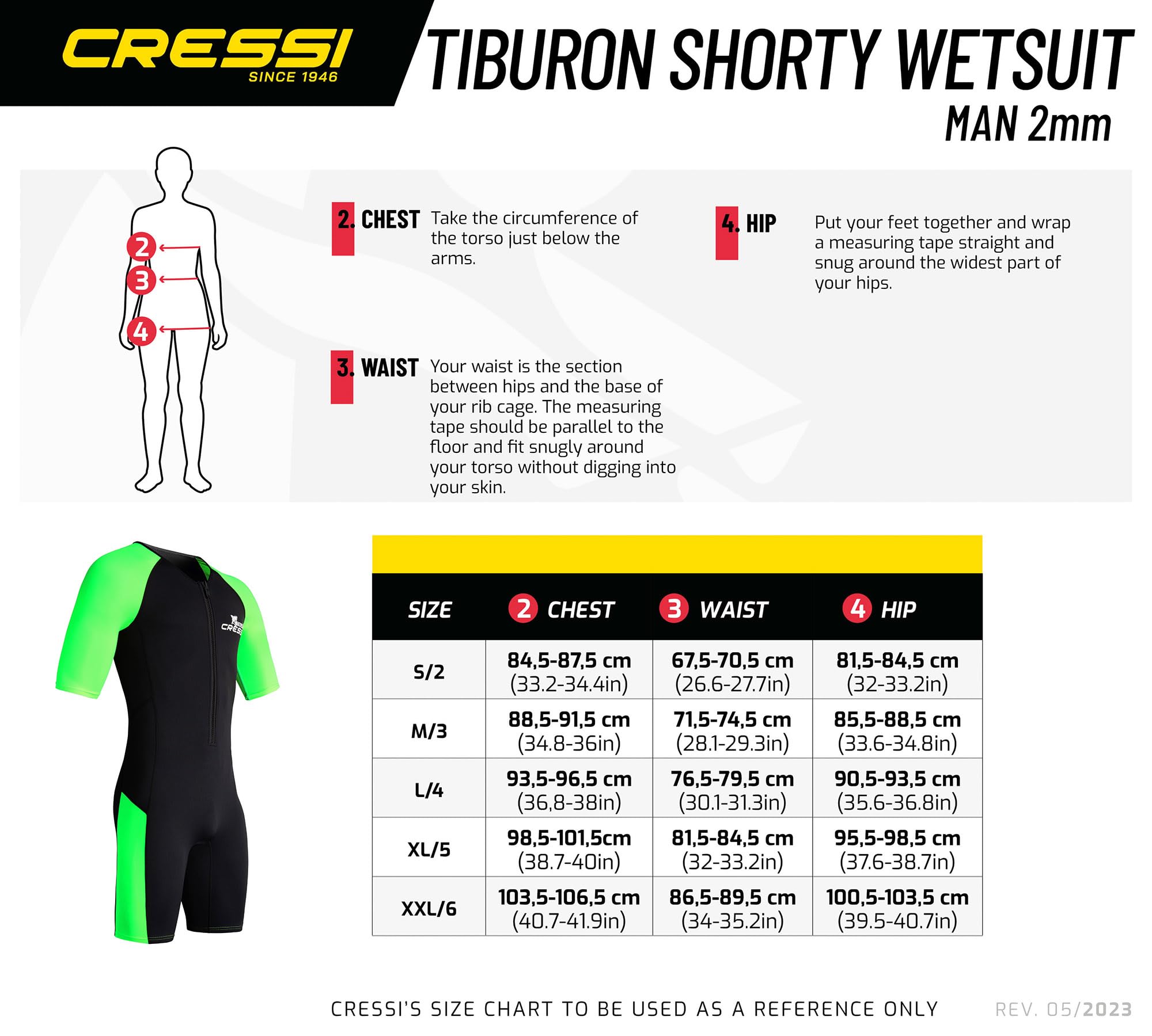 CRESSI Tiburon Man Shorty kombinezon czarny/fluo limonkowy 2 mm M/3 - męski kombinezon neoprenowy i elastanowy krótki kombinezon YKK zamek błyskawiczny z przodu, czarny/limonkowy, M/3
