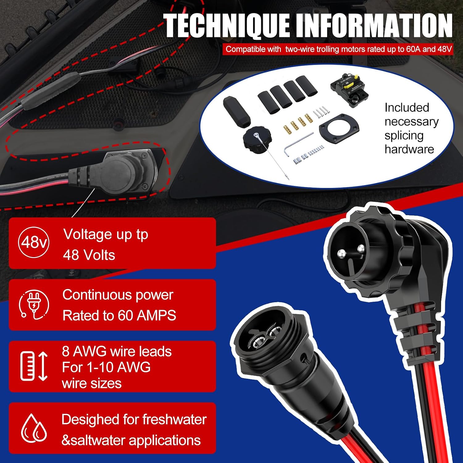 MKR-28 1865120 Trolling Motor Plug & Receptacle MKR-27 60A Circuit Breaker | Compatible with Minn Kota freshwater and saltwater trolling motors, operating from 12V to 48V