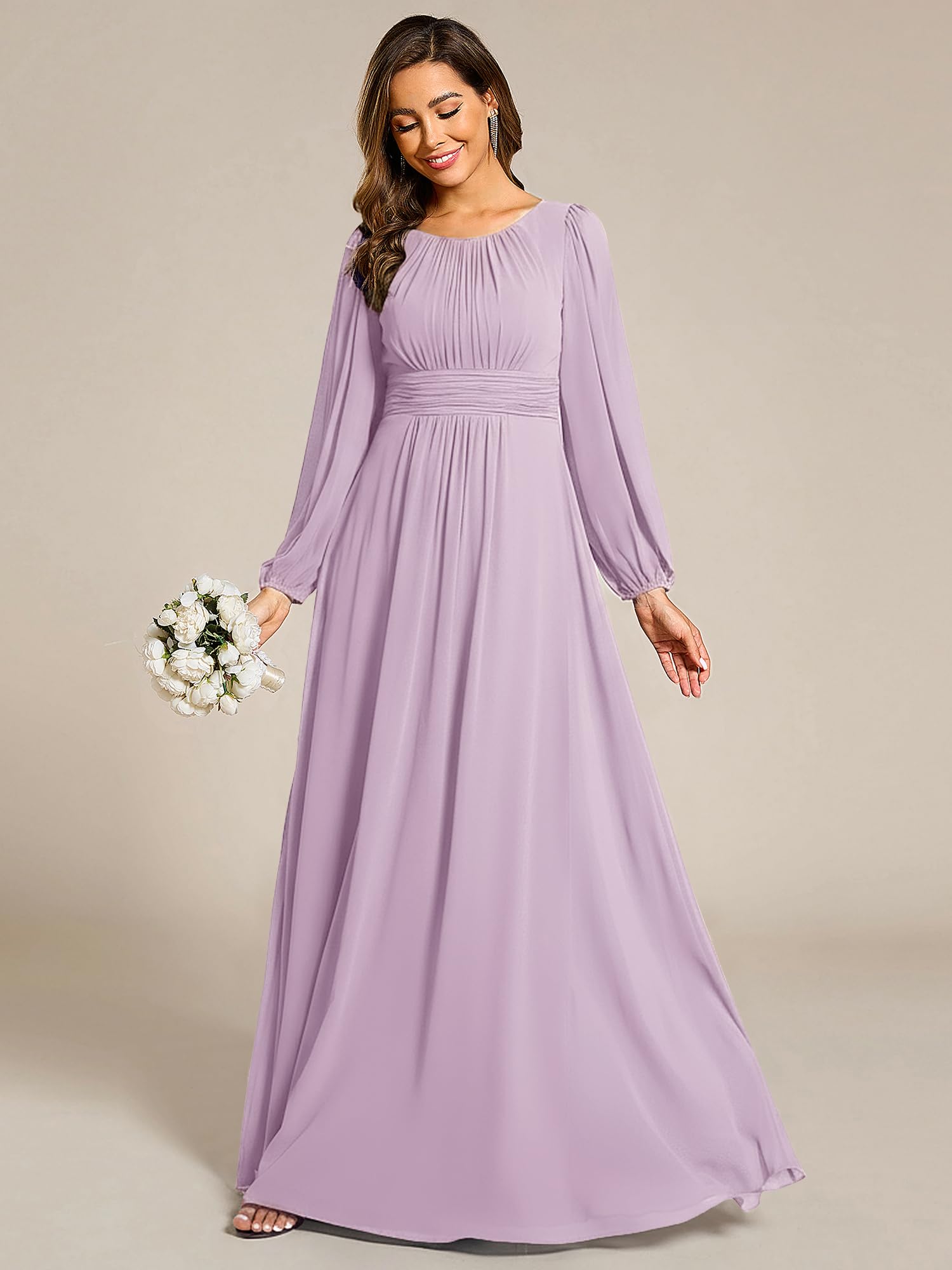 Ever-Pretty Vestito da Sera Donna Lungo Cintura Rotondo Manica Lunga Elegante Abiti da Cerimonia ES0106B