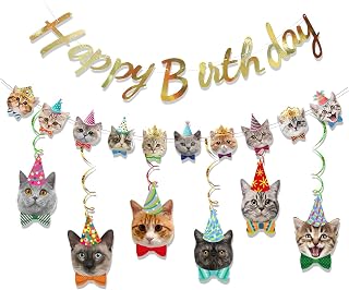 Cat Birthday Banner Set, Gold Sign and Hanging Swirl Decorations | Gold birthday sign, cat banner and 6 hanging swirls, easy-to-assemble party decor for cat birthdays, walls and photo areas