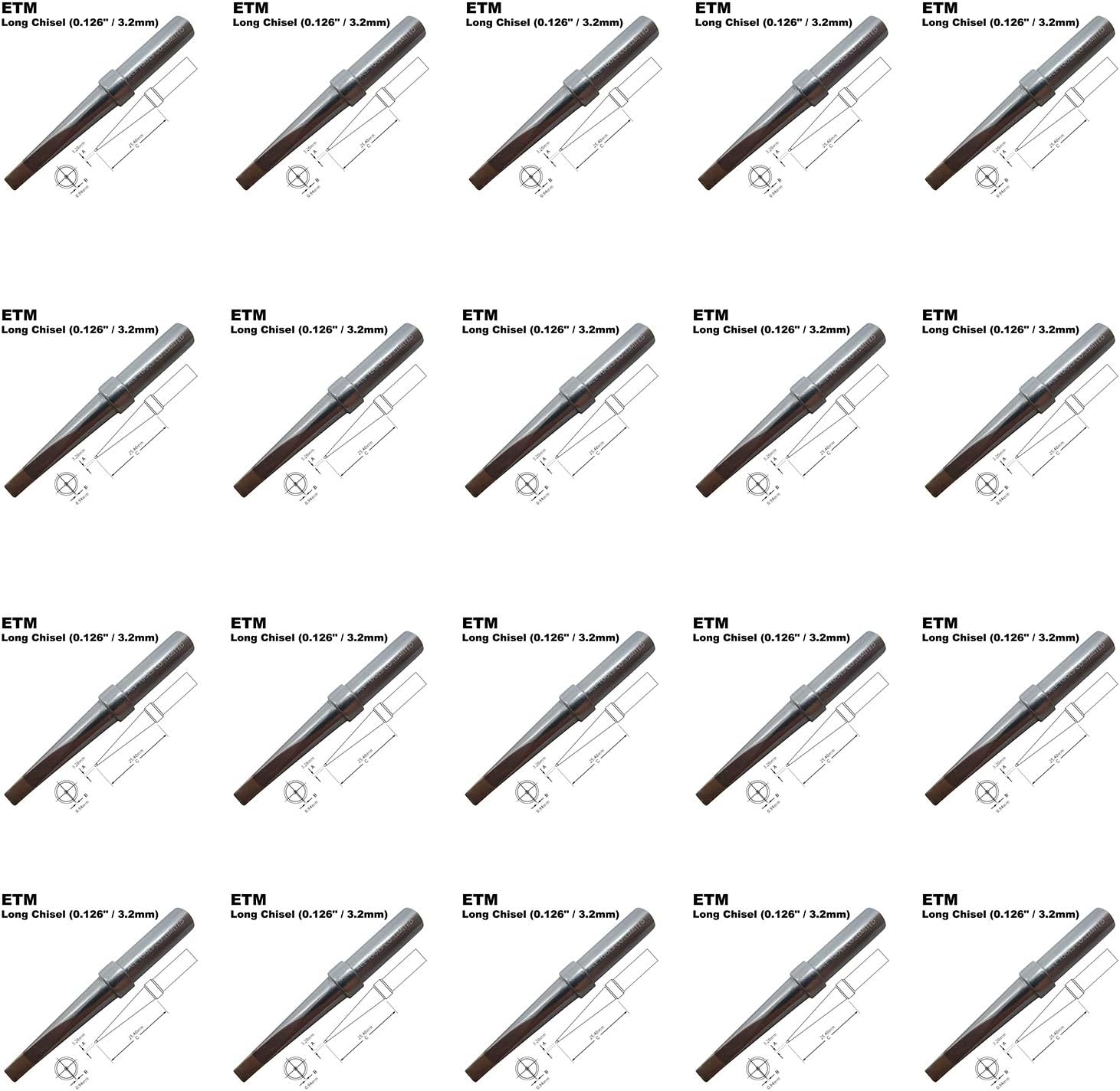ETM Long Chisel Screwdriver Soldering Tip 0.126" / 3.2mm for WESD50 WES50 WESD51 WES51 PES50 LR20 PES51 LR21 WE1010NA (WE1010EU WE1010EDU) WE1010 WECP ACE Brand Solder Iron Tips (20)