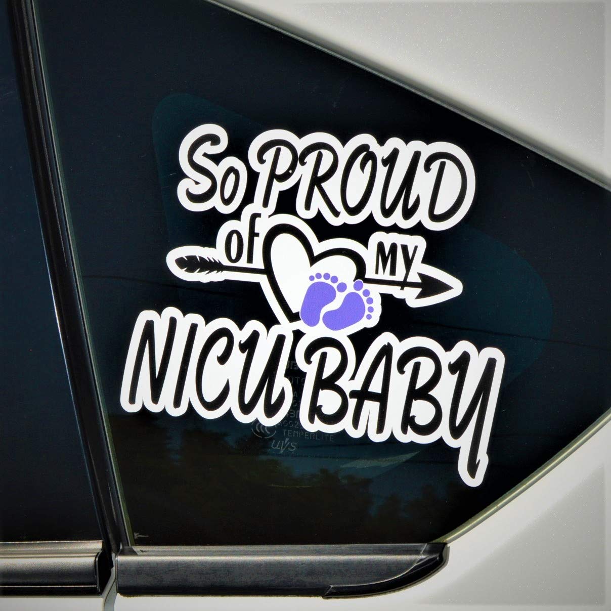 So Proud of My NICU Baby Sticker, Neonatal Preemie Purple Feet Vinyl Decal for Moms | Waterproof Car or Truck Graphic for Window or Van Trunk Lid | Printed with Eco Solvent UV Ink