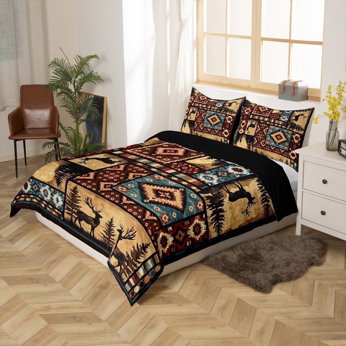 Erosebridal Rustic Bear Duvet Cover Queen,Buffalo Plaid Grid Checkered Bedding 3Pcs,Hunting Deer Farmhouse Cabin Decor Retro Southwest Aztec Bed Set,Tribal Comforter Cover,Brown Red