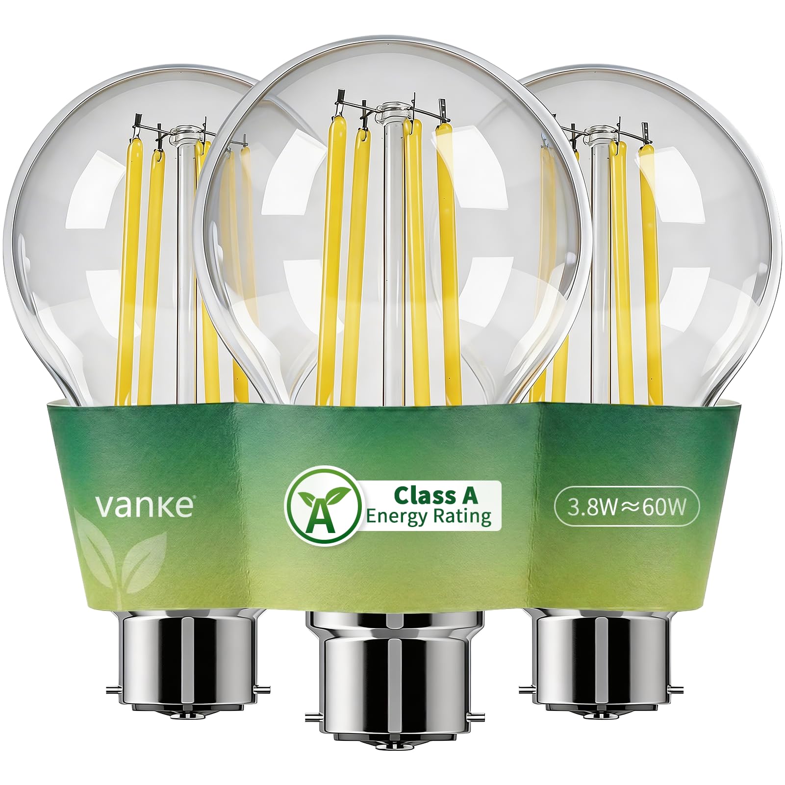 Vanke Bayonet Vintage Light Bulb, A-Rated Ultra-efficient B22 A60 LED Filament Bulb, 3.8W (60W Equivalent), 2700K Warm White, 900 Lumen, 50000H Lifespan, Non-Dimmable A60 Lightbulb, 3-Pack