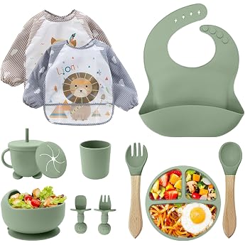Baby Crockery Set, Set of 12 Children's Tableware, Baby Spoon, Drinking Cup, Silicone Bib, Baby Plate, Children's Plate with