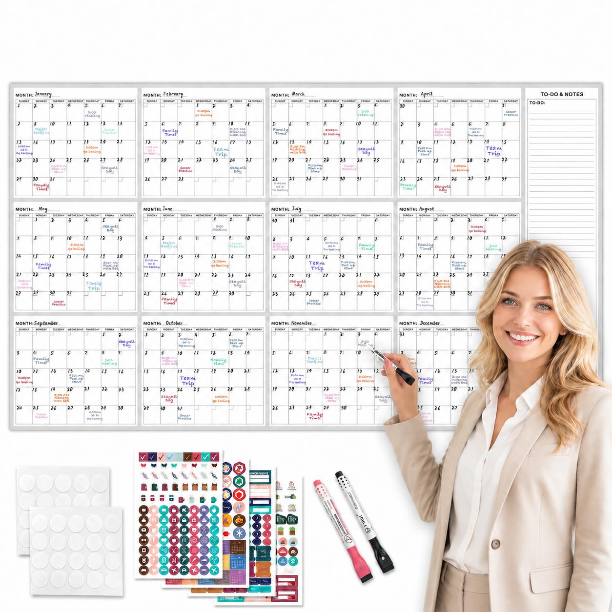 Calendario da parete extra large cancellabile a secco, 139,7 x 86,4 cm, non datato, 12 mesi, cancellabile a secco, riutilizzabile, planner mensile verticale cancellabile per casa, ufficio, scuola