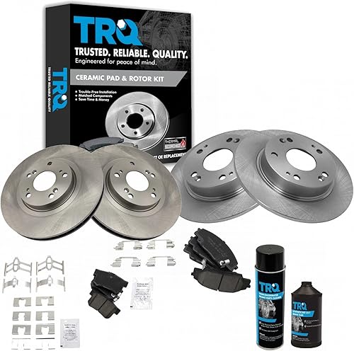 TRQ Kit de pastillas de freno delanteras y traseras y rotores Kit de productos químicos de freno, pastillas de freno de cerámica compatible con