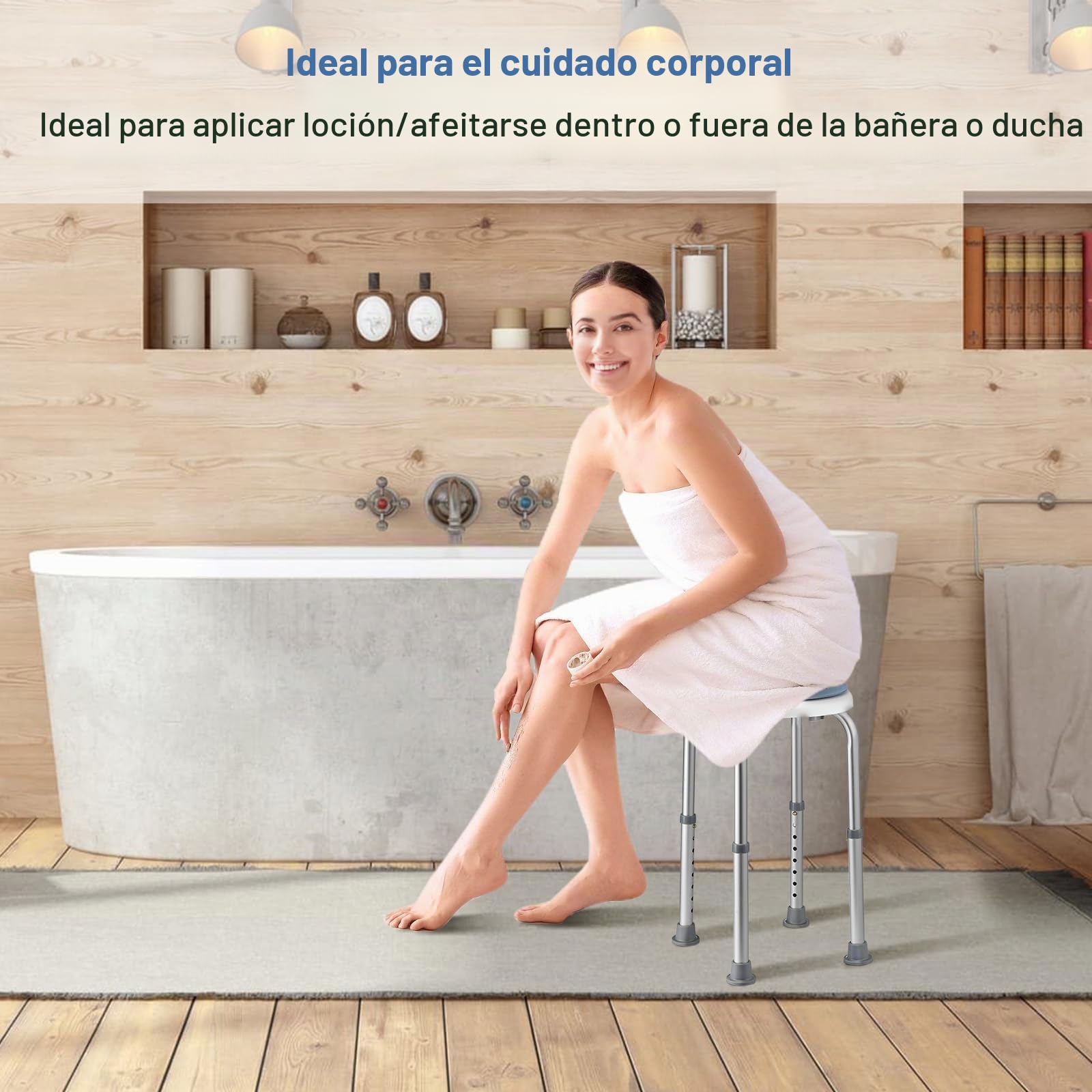 Taburete Baño Redondo Giratorio 360°, Taburete Ducha Patas Antideslizante Carga de 136 kg, Regulable en Altura 36-52 cm, para discapacitados o Ancianos, Montaje Sin Herramientas
