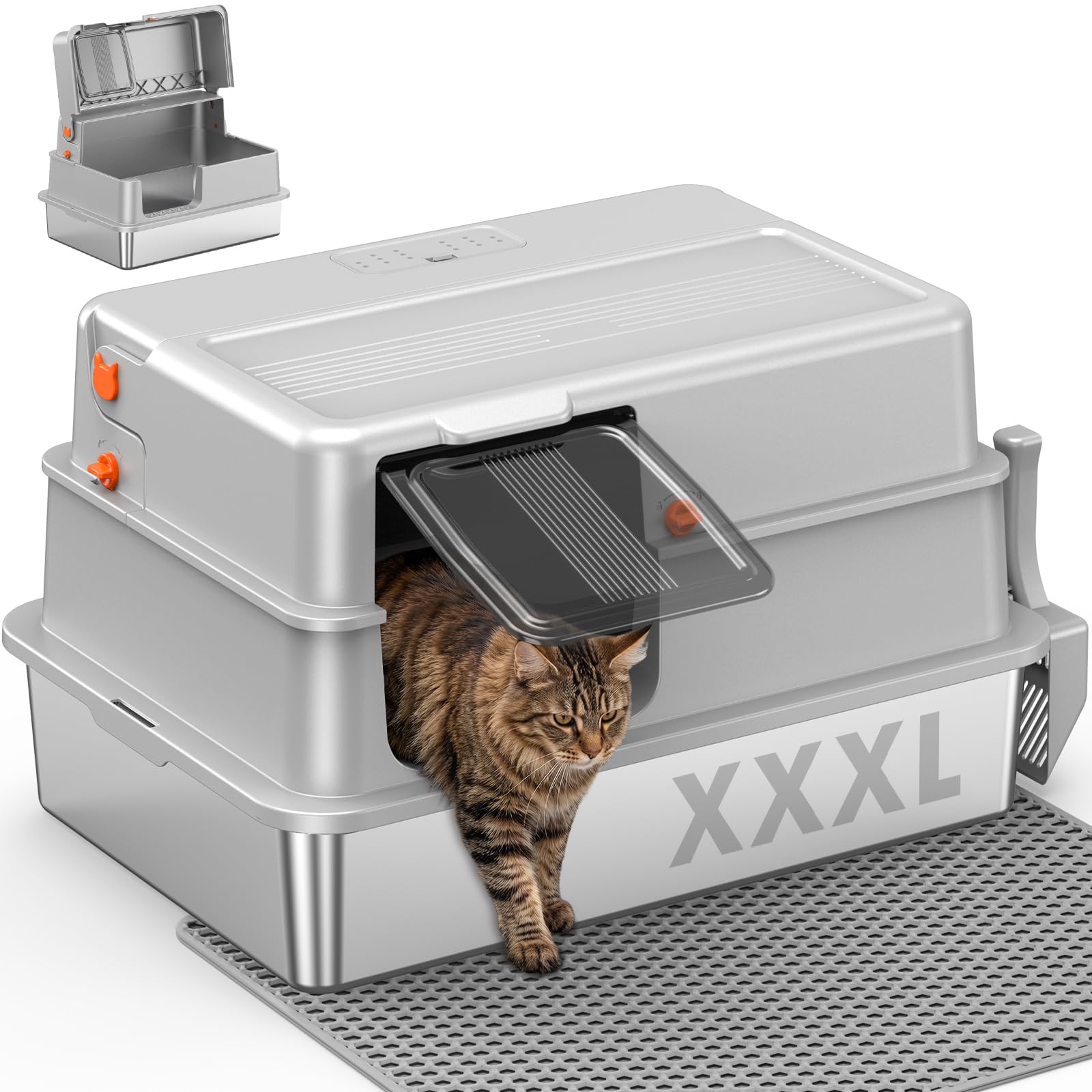 XXXL Stainless Steel Cat Litter Box – Extra Large Open High-Sided Metal Litter Tray, Removable Deep Pan for Easy Cleaning, Non-Stick Anti-Leakage, Light Grey