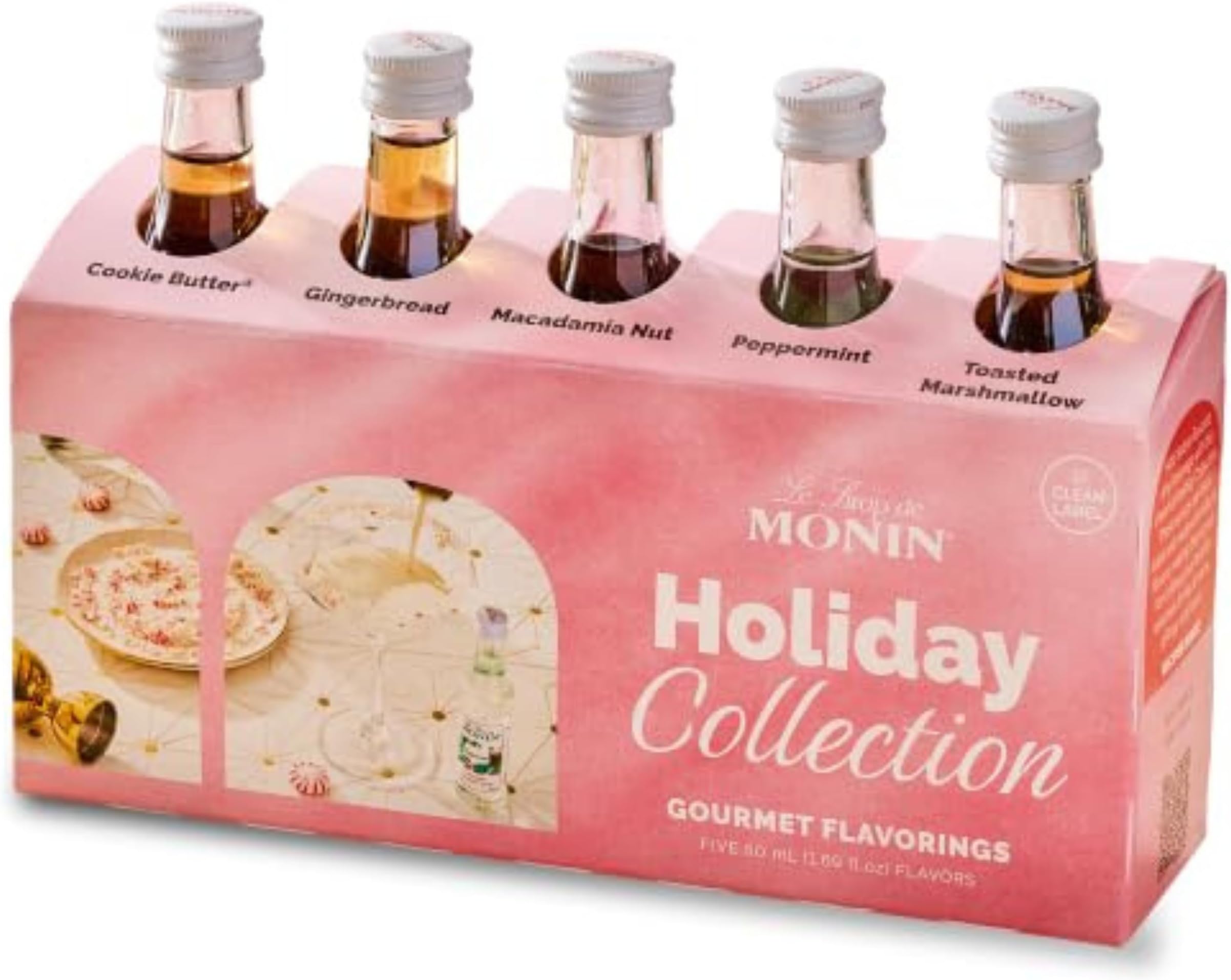 Monin - 5 Flavor Holiday Cheer Collection: Macadamia Nut, Peppermint, Cookie Butter, Toasted Marshmallow, & Gingerbread, Natural Flavors for All Drinks, Gluten-Free (1.69 oz per bottle)