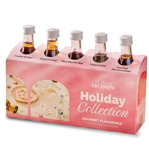 Monin - 5 Flavor Holiday Cheer Collection: Macadamia Nut, Peppermint, Dark Chocolate, Toasted Marshmallow, & Gingerbread, Natural Flavors, Great for All Drinks, Gluten-Free (1.7 oz per bottle)