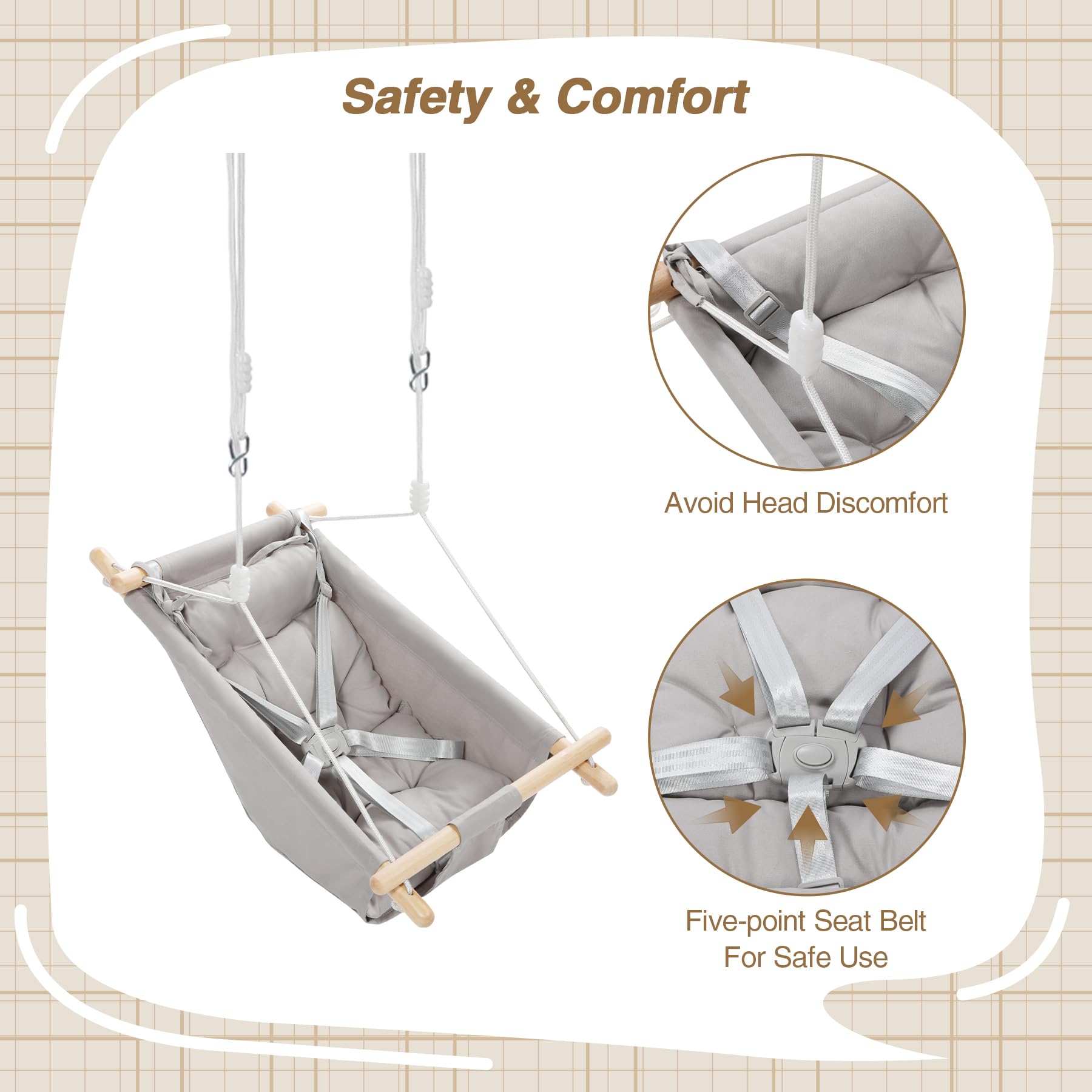 REDCAMP Altalena 3 in 1 con cintura a 5 punti, cotone traspirante e legno, per interni ed esterni, fino a 50 kg, altalena per bambini a partire dai 6 mesi in su (grigio)