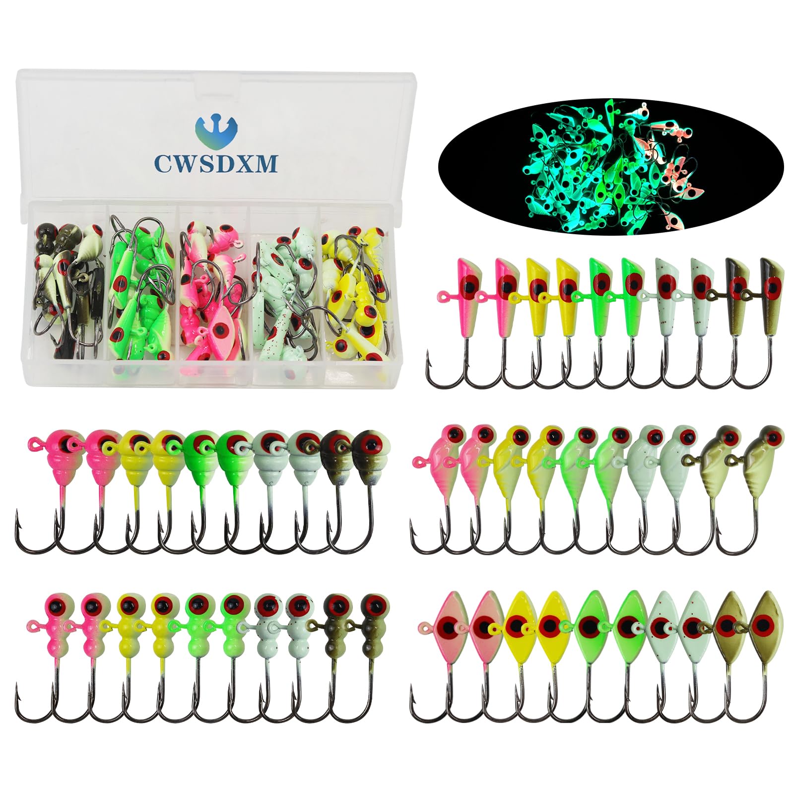 50 PCS Ice Fishing Jigs Assortment Glow in The Dark Jig Heads for Ice Fishing Equipment Crappie Walleye Trout Perch Lures