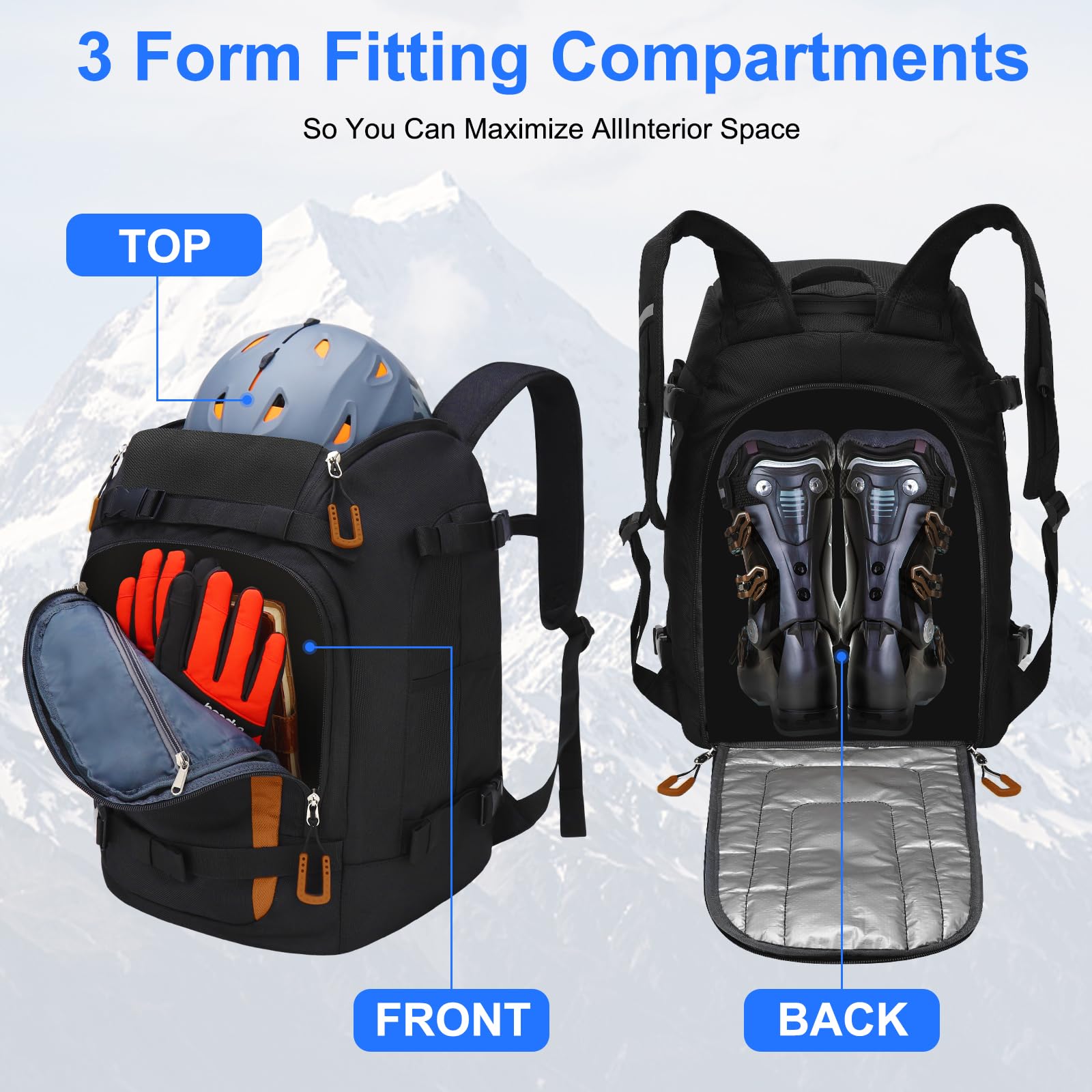Bolsa para botas de esquí con compartimento para casco, 50 L, 1680D, nailon, mochila de esquí, con bolsa para casco, bolsa de esquí, para botas de esquí, patines, snowboard, naranja, Clásico