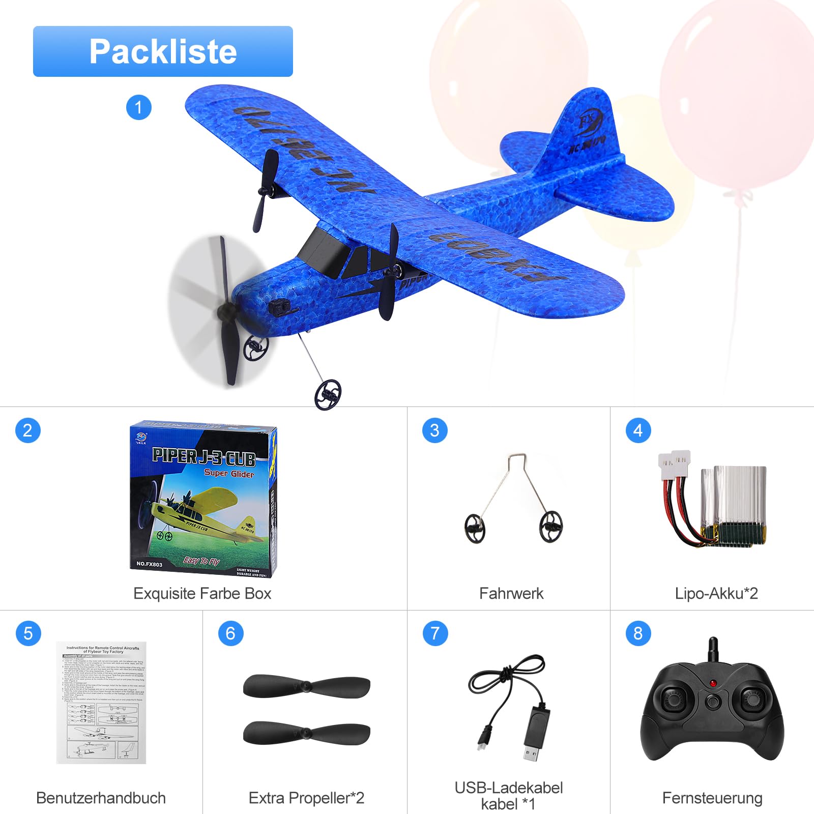 Henakmsl 2CH Aereo Telecomandato FX803, 2,4 GHz Aereo RC Aeroplano Telecomandato con 2 Batterie, Aliante Volante Telecomandato per Adatto a Bambini/Adulti/Principianti, Ricarica USB, Blu