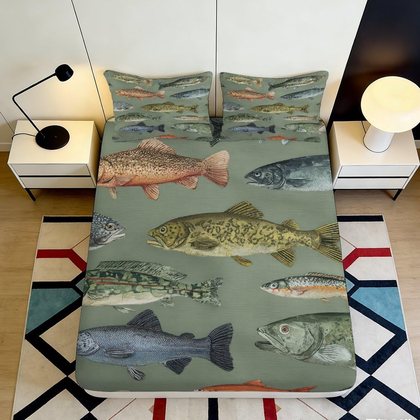 3D Printed Fish Lake Fitted Sheet Microfiber Soft Anti-Slip River Trout Bed Cover for Bedroom Dorm Room Decor 90x200x25cm