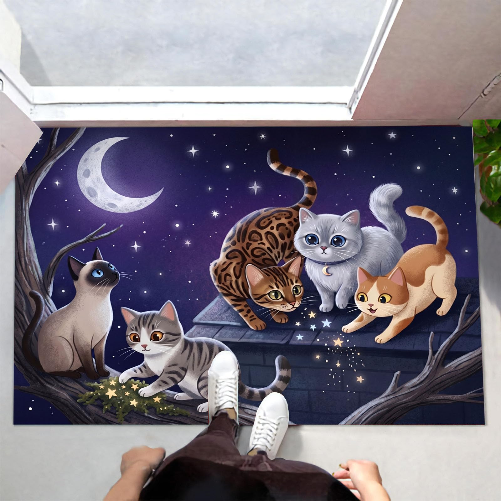 90X150Cm Zerbino Ingresso Interno Antiscivolo Assorbente, Tappeto Microfibra Sottile Lavabile Con Animali Sognanti Nel Cielo Stellato Gatti Carini Che Giocano Per Cucina Bagno Porta Animali, Viola