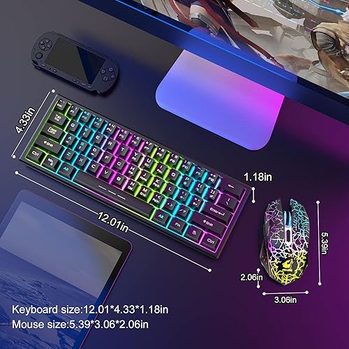 Miniatura 5 de Combo de teclado y mouse inalámbricos para juegos, teclado retroiluminado arcoíris de 61 teclas con recargable de 4000 mAh, sensación mecánica,