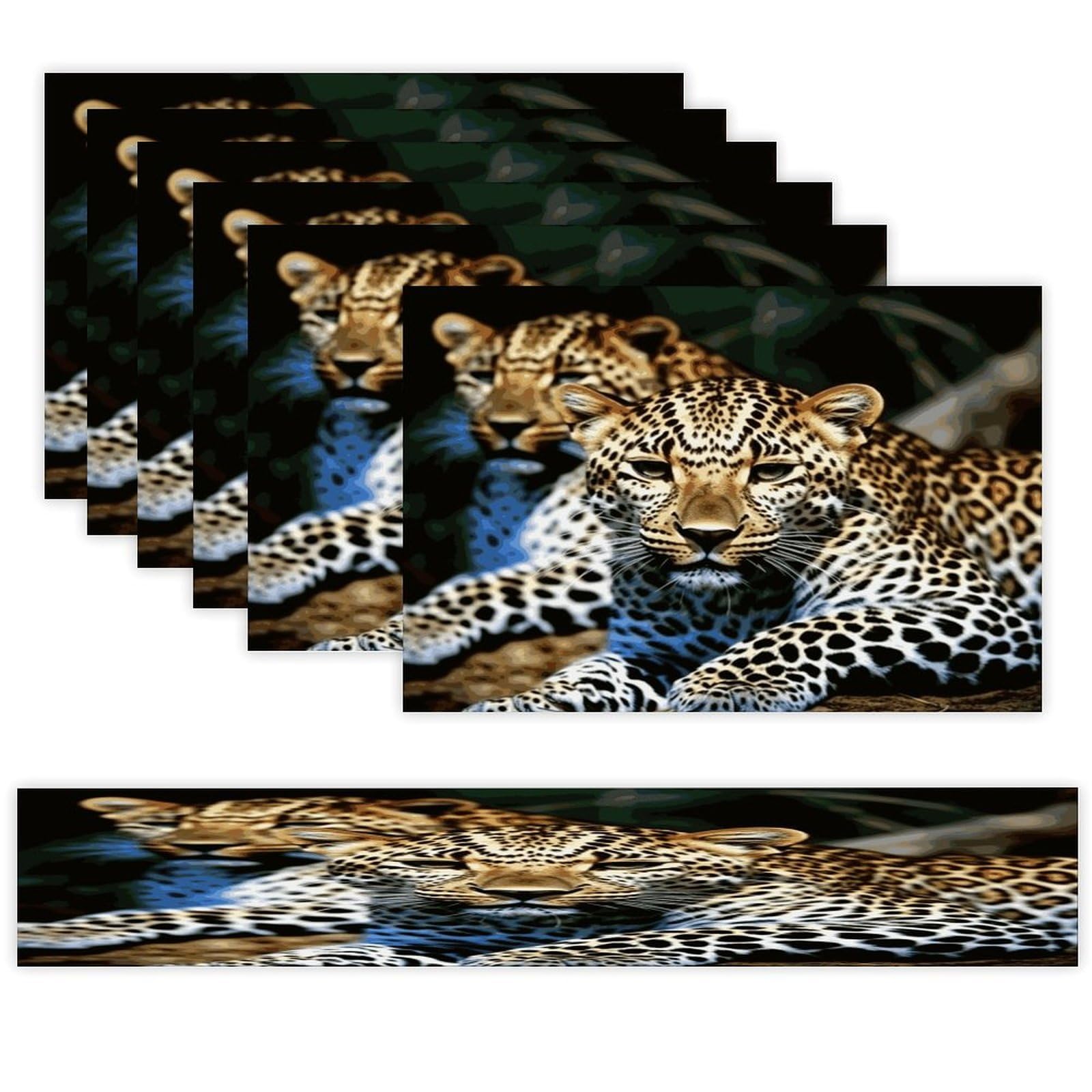 Leopard Table Runner and Placemats Set of 6 for Kitchen Washable Table Mats Heat Resistant Place Mats Non-Slip Place Mat Wipeable Placemat(6 Placemats+1 Table Runner)