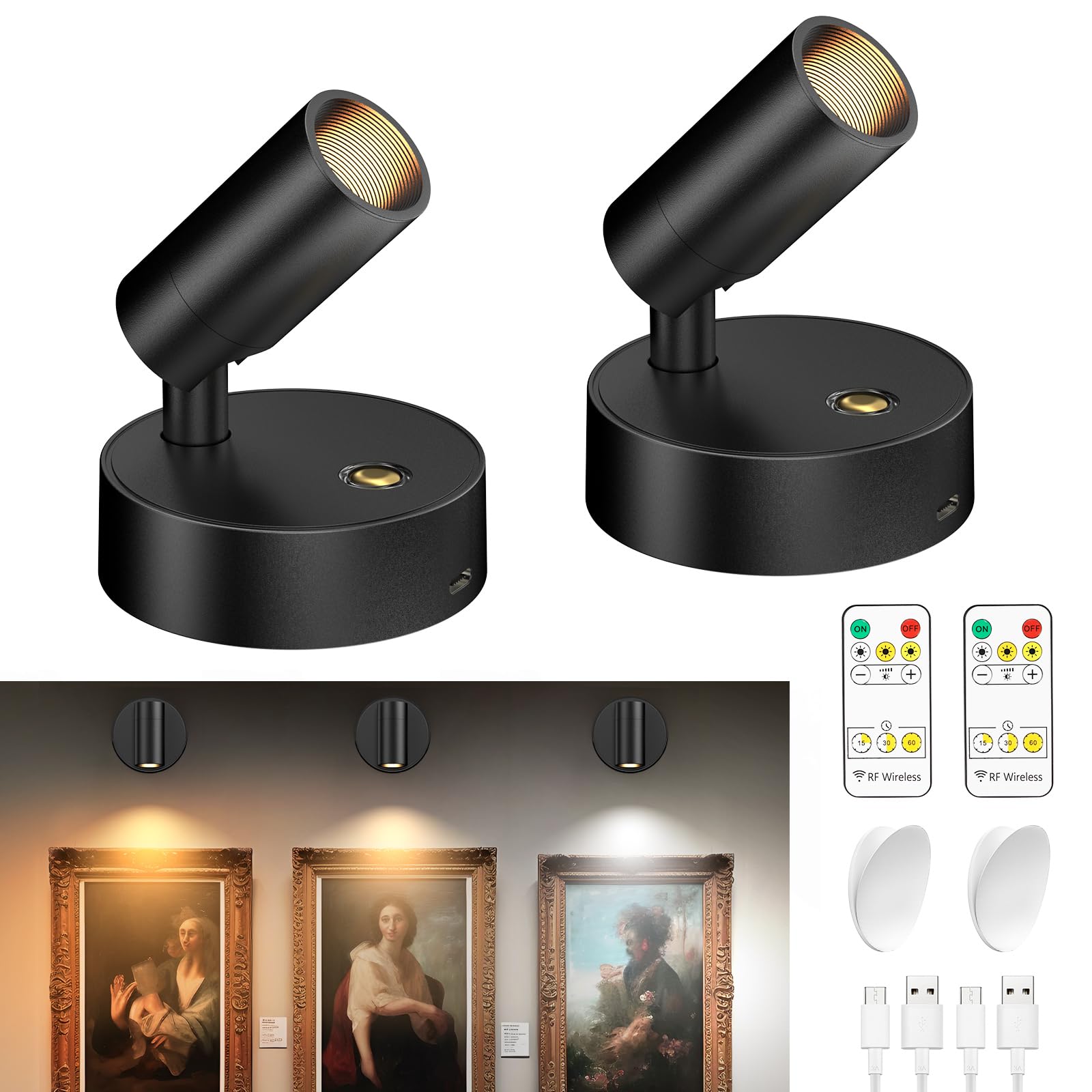 KUAEAY 2 Pack Luces de Pared para Cuadros Inalámbrico, Lámpara de Pared Interior Recargable 1800mAh, 360°Rotación, 3 colores y brillo con Control Remoto, iluminación para Dormitorios Decorativa - Negro