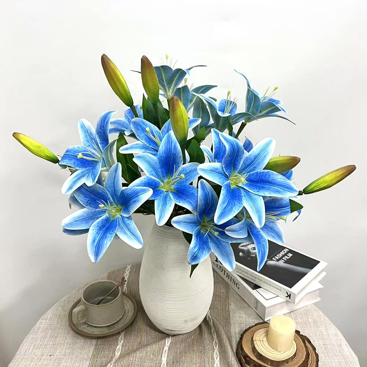 ATFL Artifical Lily Flowers 18 Heads, 5 Forks Long Stem Faux Fake Tiger Lily Flower Bouquets for Home Hotel Office Party Decor Table Centerpieces (2, Blue)