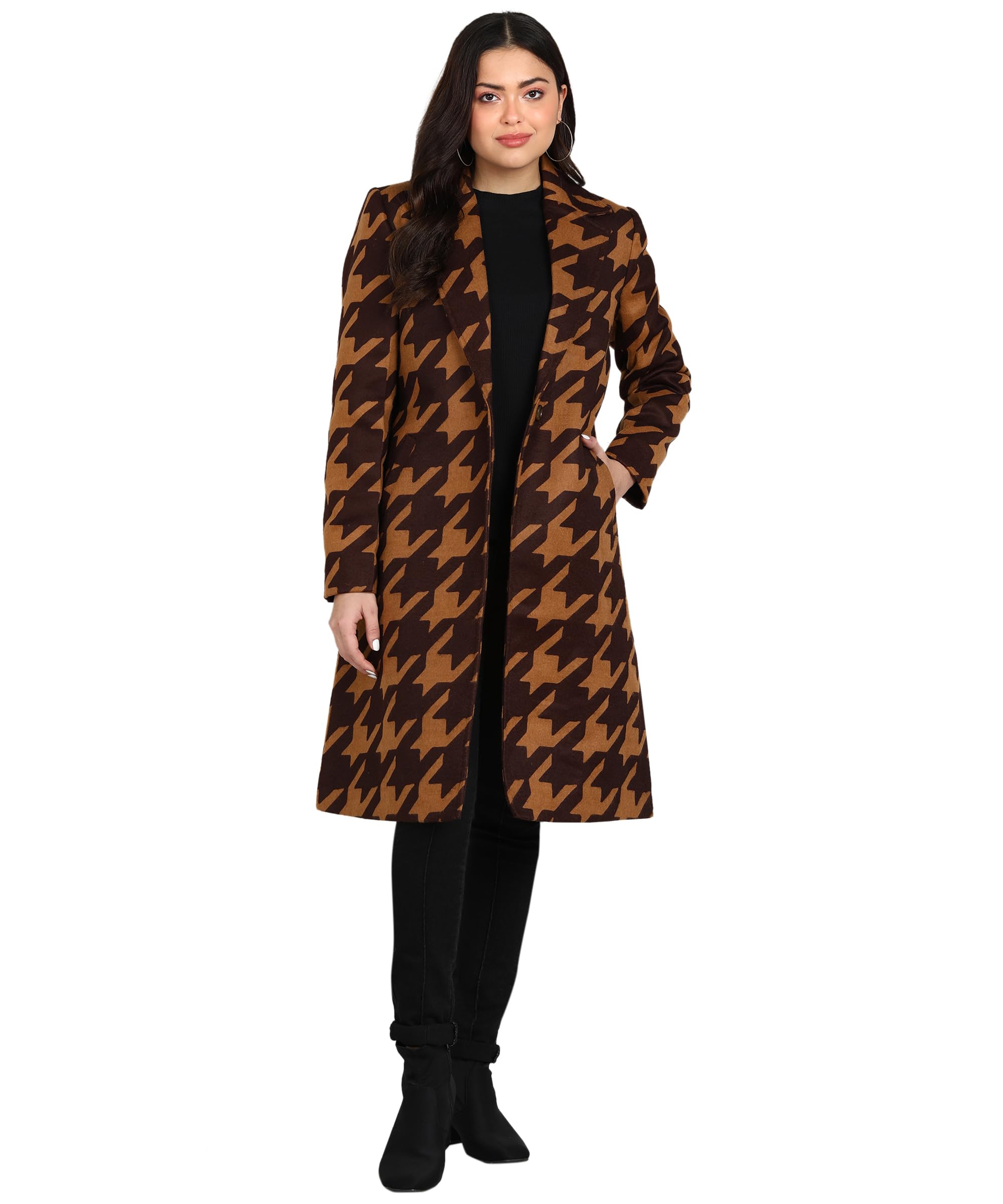 essentiele Hounds tooth Dark Camel single breasted Wool blend Long coat-picture-15
