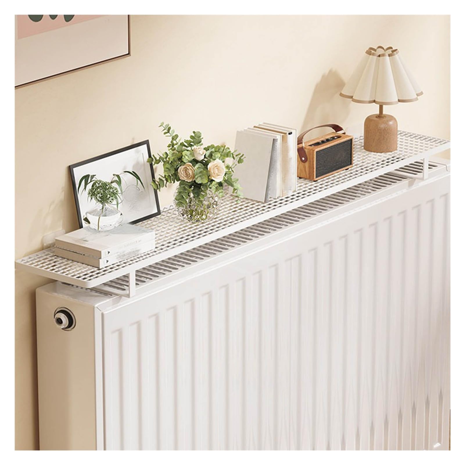 Scaffale per termosifone, bianco, senza trapano, 45 x 15 x 3 cm, ideale per organizzare la camera da letto, decorazione domestica, oggetti vari, supporto multifunzionale per ornamenti