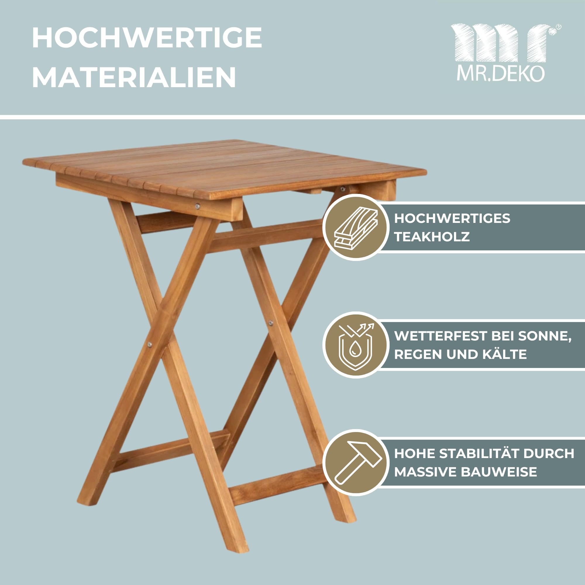 MR. DEKO Gartentisch Porton Teak Holz 60x60 cm | Balkontisch Wetterfest Massivholz | Outdoor Tisch Klein | Kleiner Gartentisch Holz | Terrassentisch Balkon | Gartentische Klappbar Teakholz