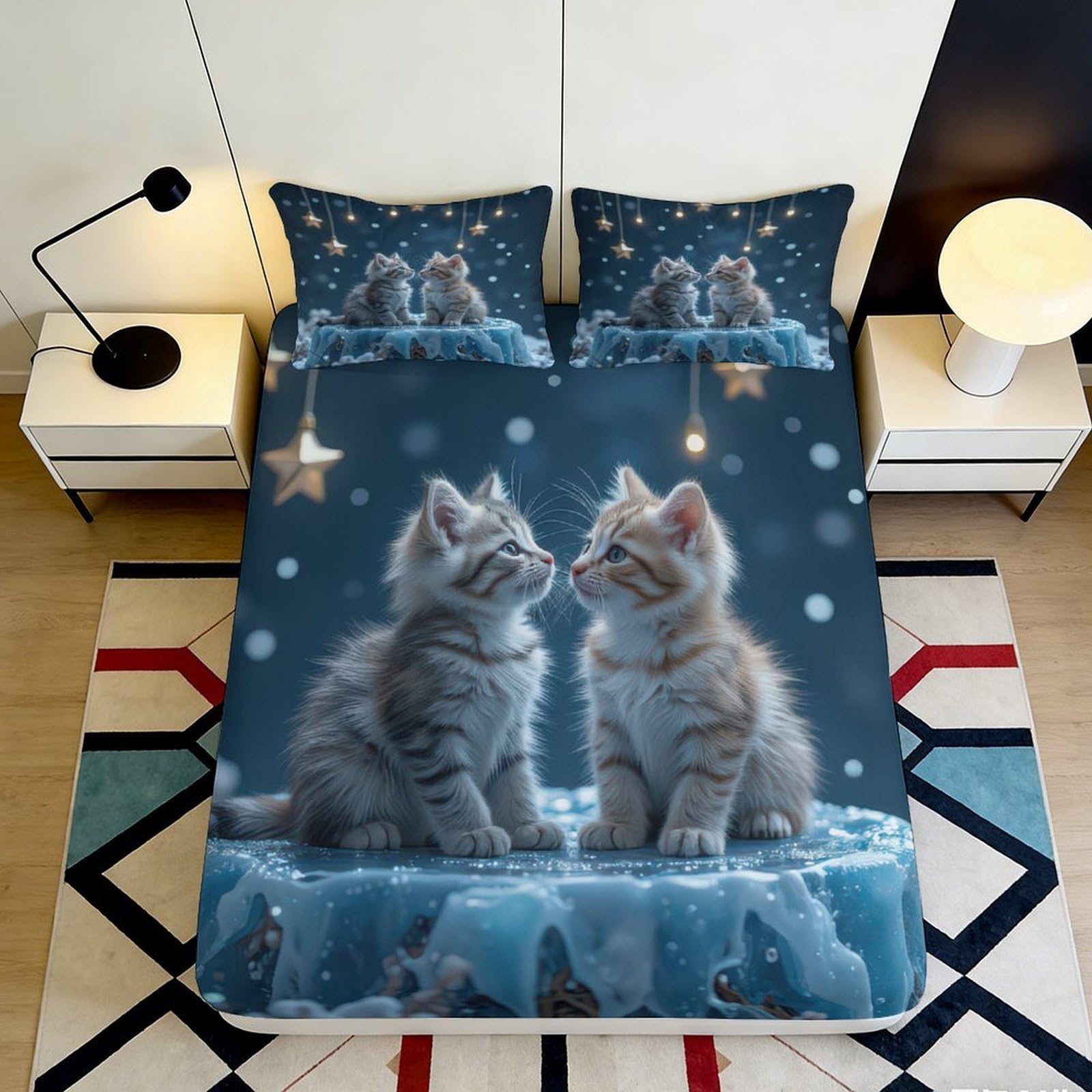 Qjzxknhpgr Style-5 3D Printed Cute Kitten Stars Fitted Sheet Microfiber Soft Blue Night Mattress Cover For Bedroom Guest Room Decor 90X200x25cm