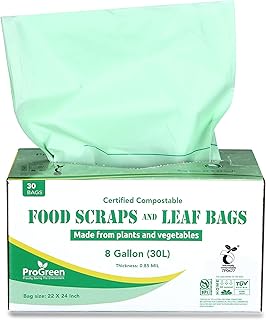 ProGreen Compostable Trash Bags, Extra Thick, Compost Kitchen Bin Bags, Food Scraps Yard Waste Bags, ASTM D6400 BPI and TÜV AUSTRIA Certified (8 Gallon, Pack of 30)