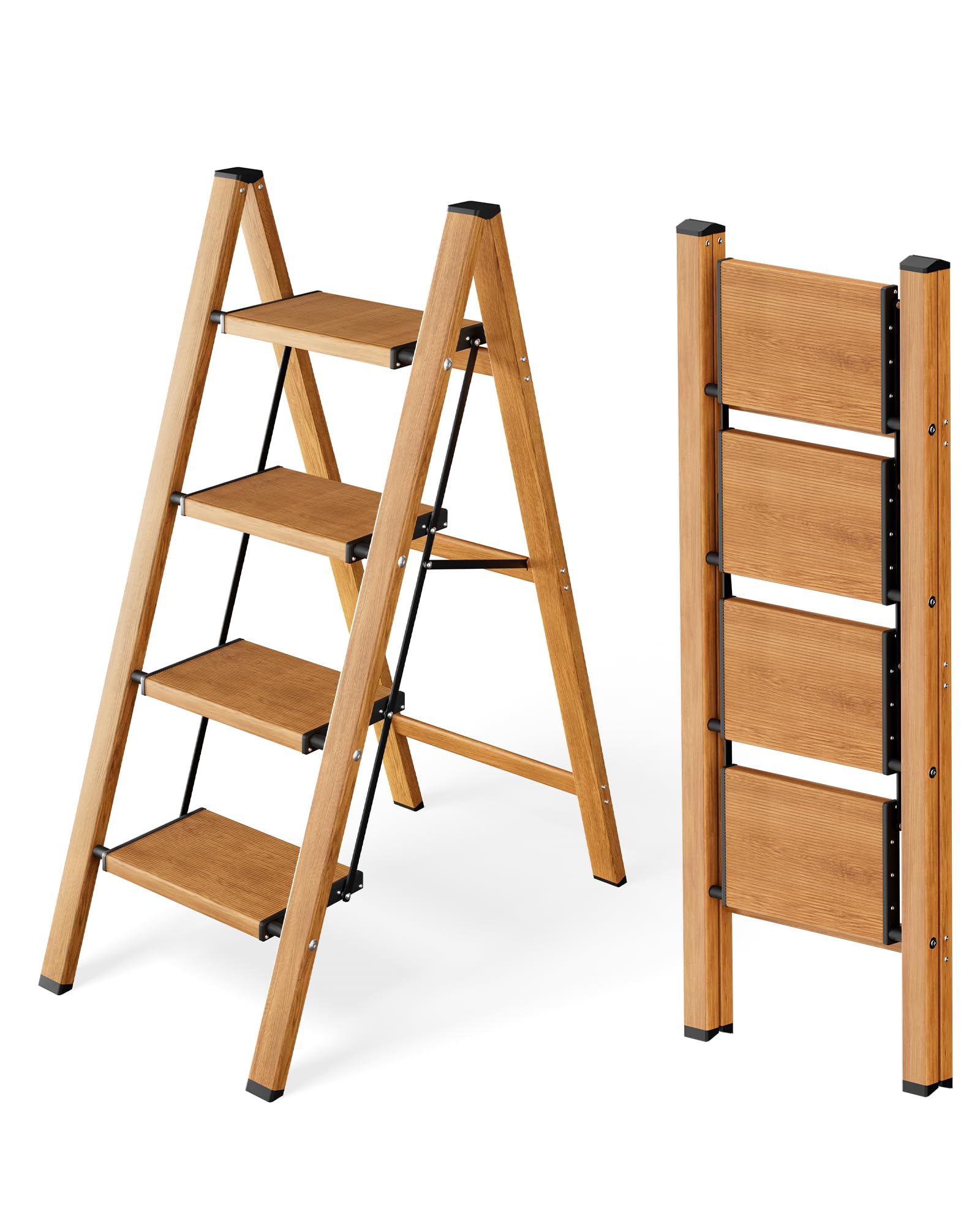 Folding Ladder 4 Steps, Capacity 150 kg with Non-Slip Pedal, Portable Aluminium Stool, Easy to Store, Indoor and Outdoor, Aesthetic Look, Wood Look