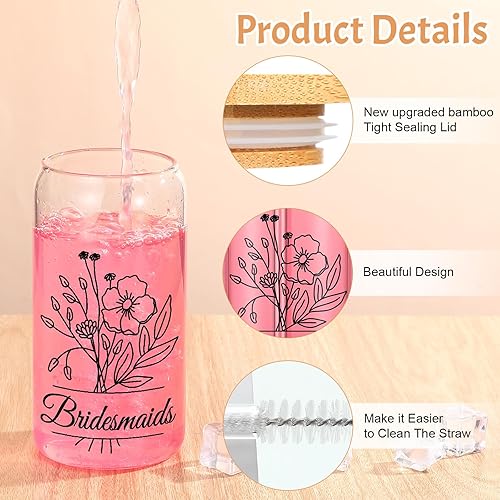Miniatura 3 de Tanlade Juego de 6 tazas de cristal para dama de honor, con tapas y pajitas, regalos de propuesta de dama de honor, vasos de flores para novia,