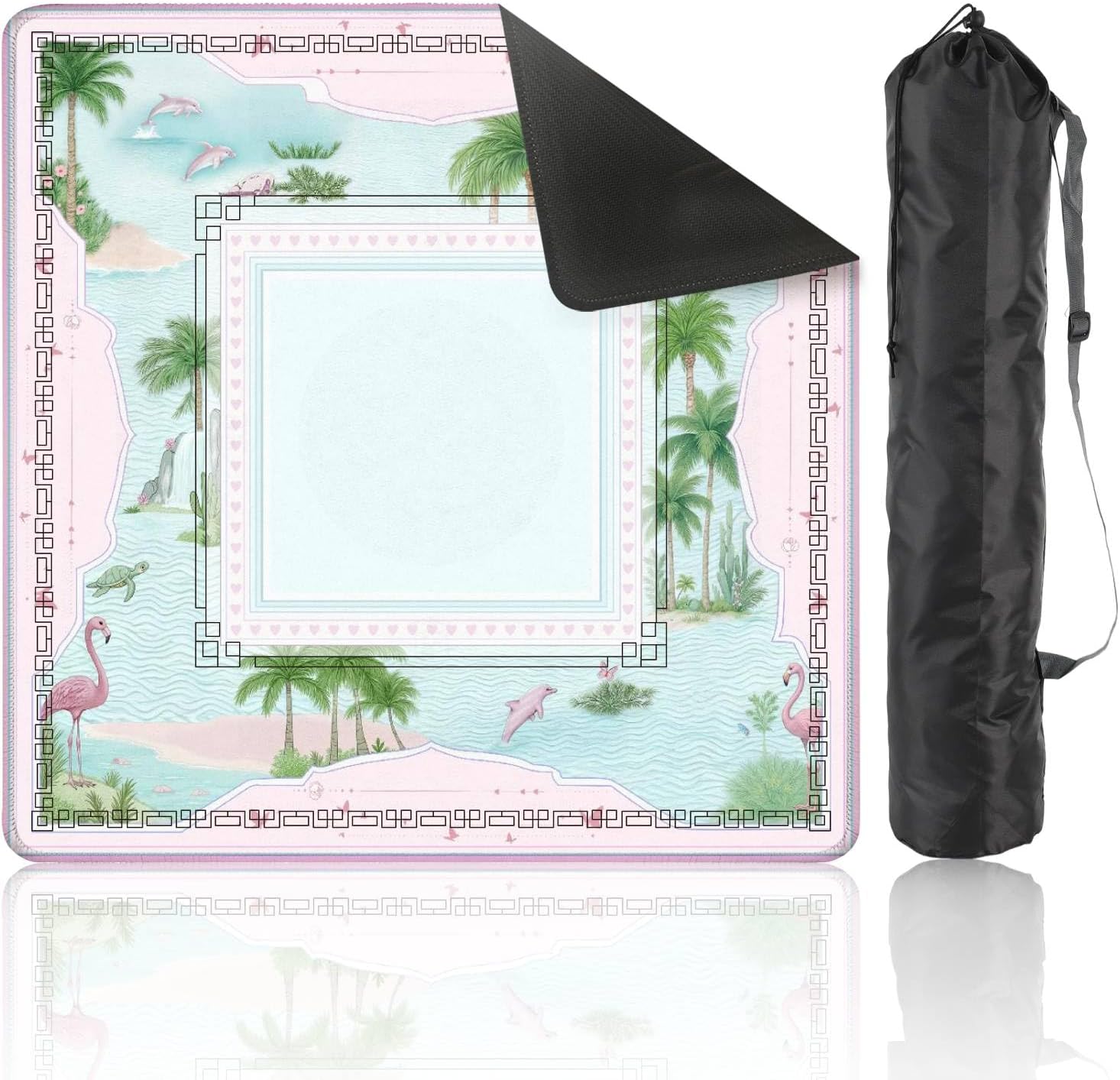 Mahjong Mat 31.5" x 31.5" Tropical Palm Trees Sailing Boat Pink Blue Pastel Design Non-Slip Noise Reduction Mahjong Tiles Table Cover for Dominoes Poker Card Board and Tile Games