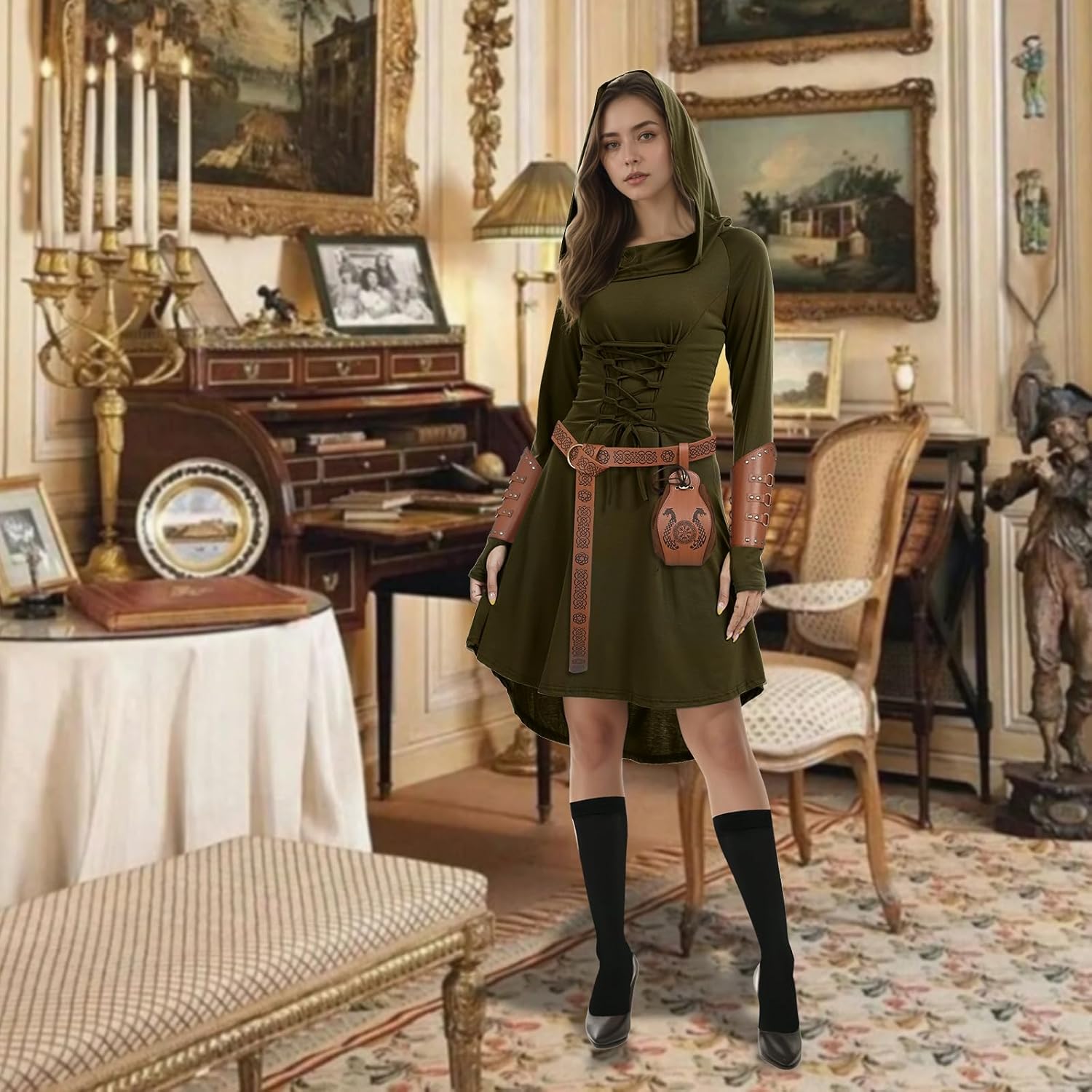 5 Pcs Renaissance Women Costume Medieval Hooded skirt Vintage Arm Guard Printed Belt and Waist bag - Image 4