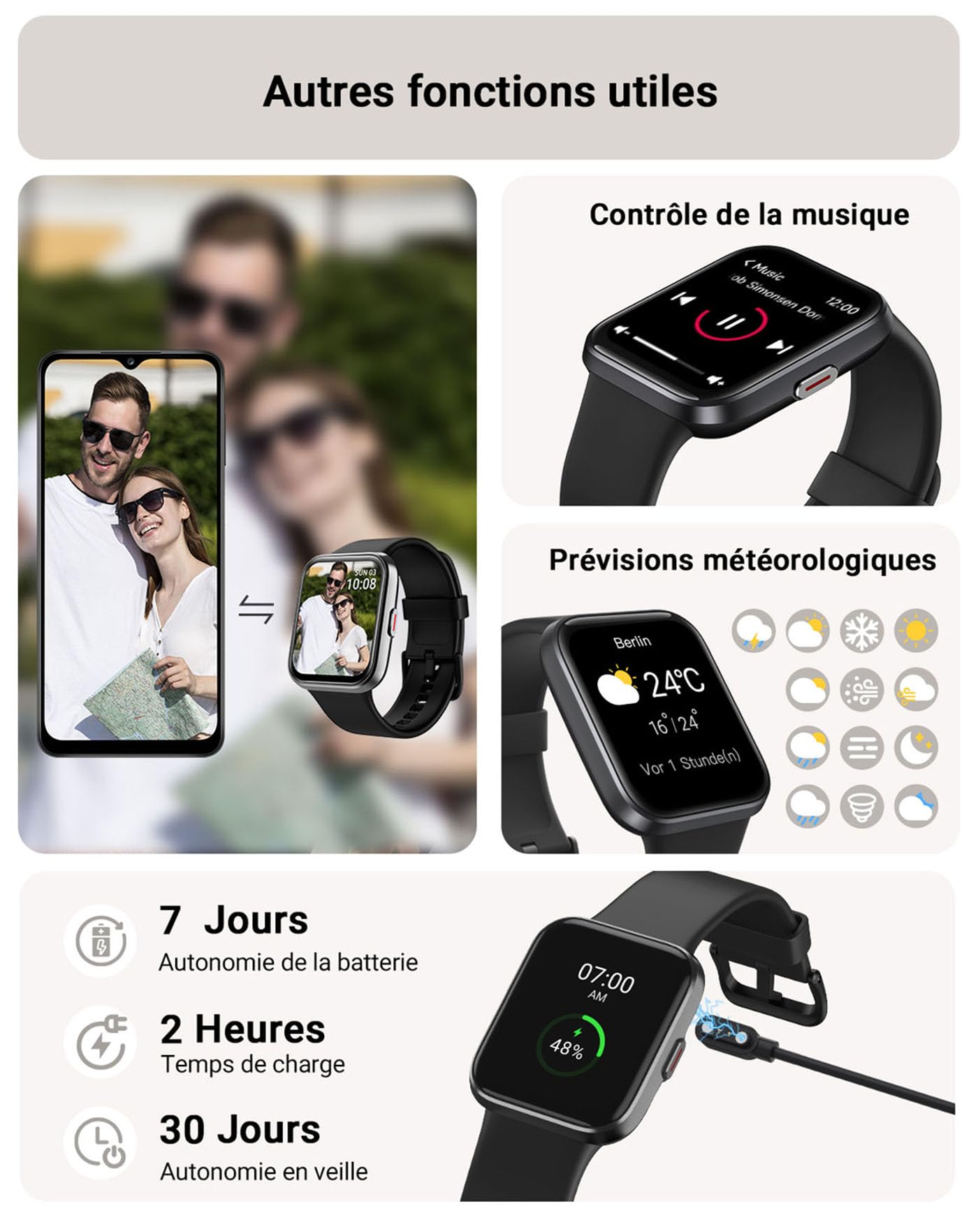 Montre Connectée Homme, 1,85" Femme Smartwatch pour Samsung iPhone Android, Alexa intégrée 3ATM 100+ Modes Sportifs Moniteur de SpO2/Sommeil/Fréquence Cardiaque/Podometre/Calories Noir