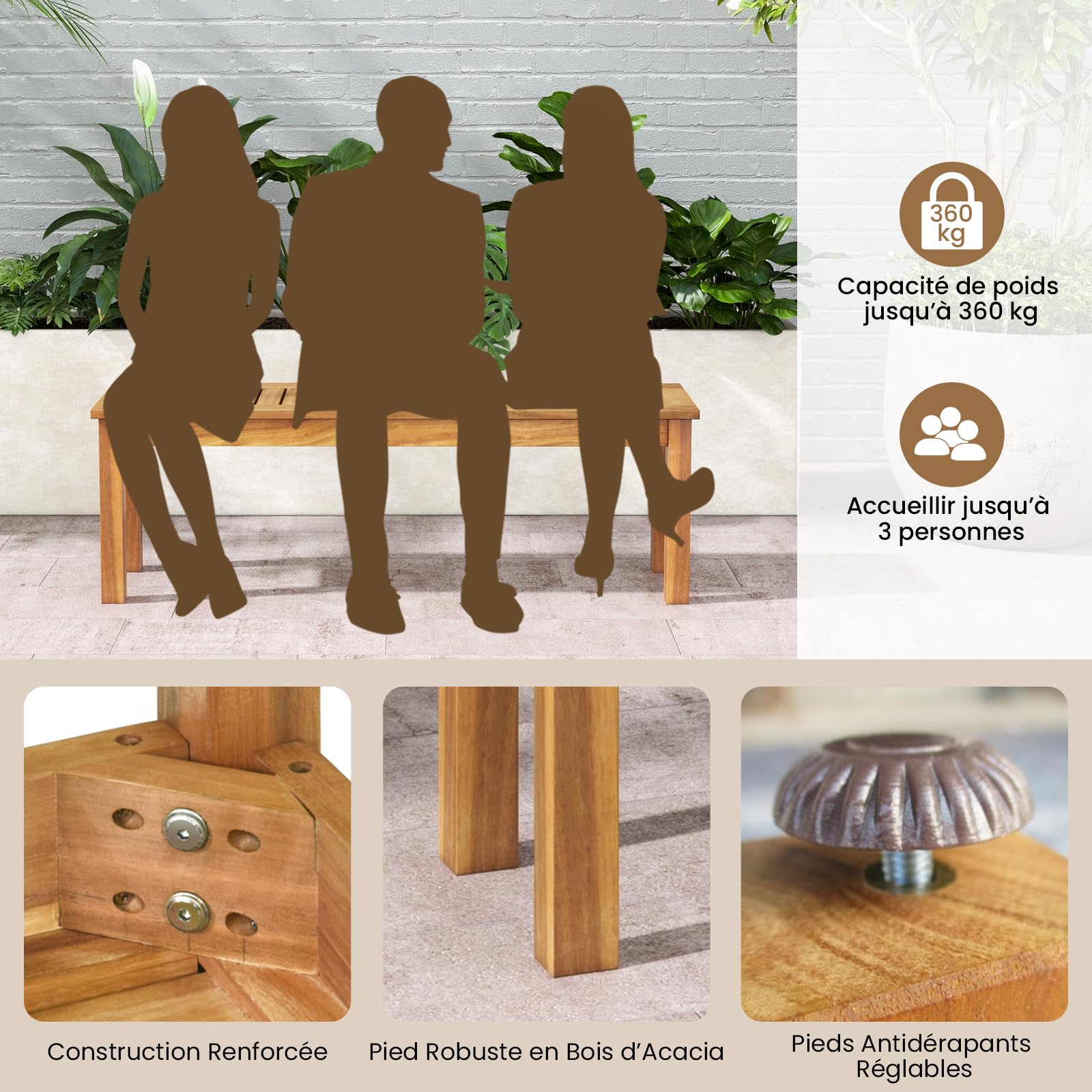 GIANTEX Banc Extérieur Jardin pour 3 Personnes, Banc de Jardin en Bois d’Acacia sans Dossier avec Renfort Inférieur, Banc de Terrasse pour Jardin, Cour, Balcon, 132 x 34 x 43,5 CM